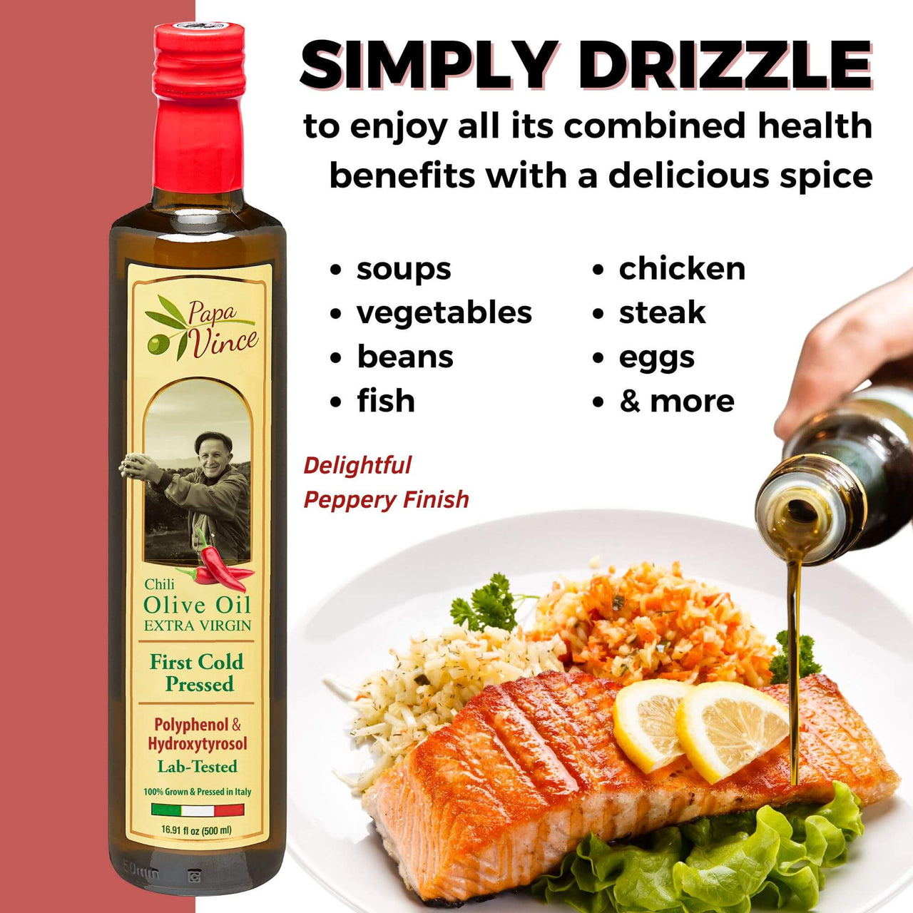 Chili Pepper Olive Oil Extra Virgin - Unblended, Single Estate, Single Source, Single Family Sicily Italy, Harvest Dec 2024/2025, First Cold Pressed, High in Antioxidants, Polyphenol Rich, Unfiltered, Unrefined - Papa Vince