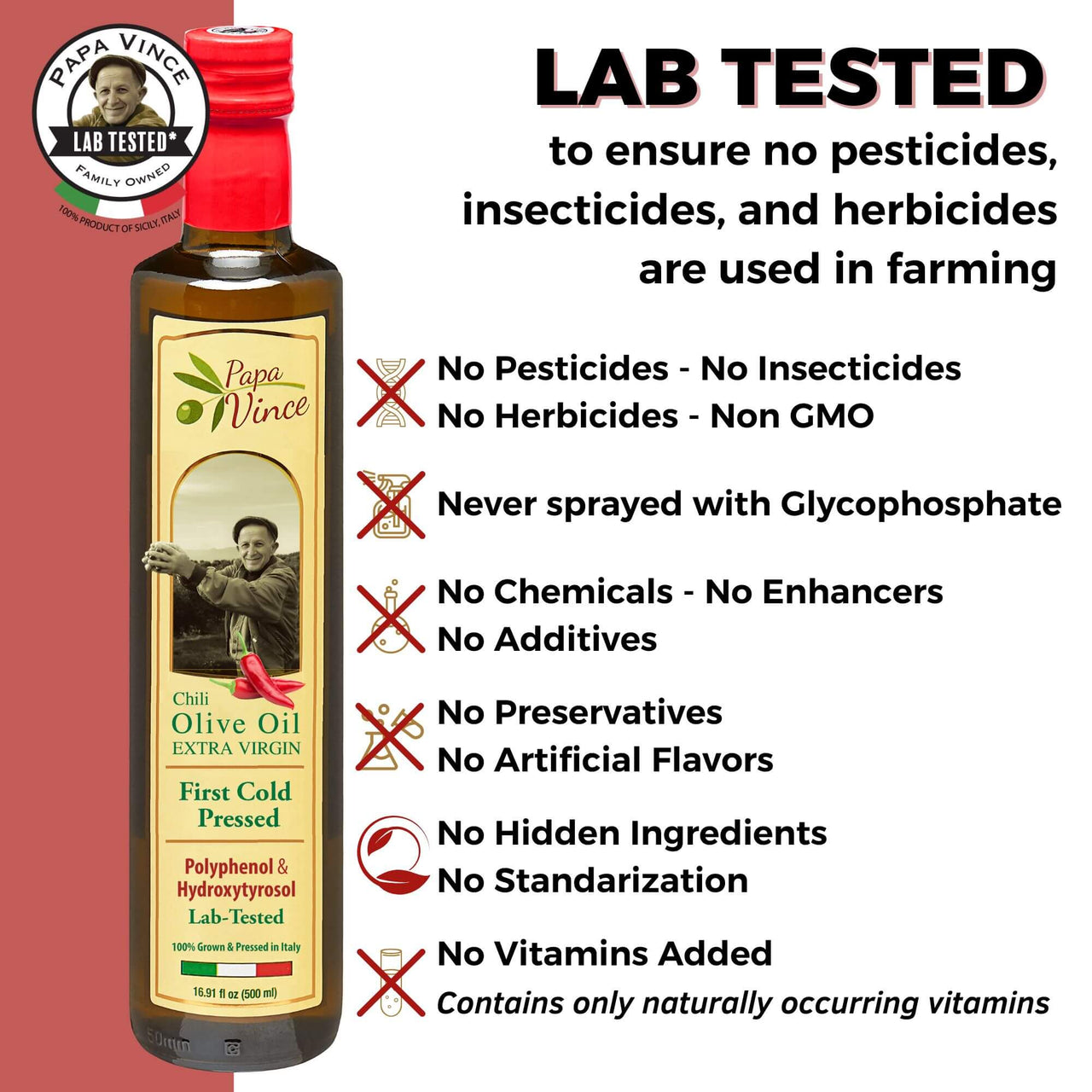 Chili Pepper Olive Oil Extra Virgin - Unblended, Single Estate, Single Source, Single Family Sicily Italy, Harvest Dec 2024/2025, First Cold Pressed, High in Antioxidants, Polyphenol Rich, Unfiltered, Unrefined - Papa Vince