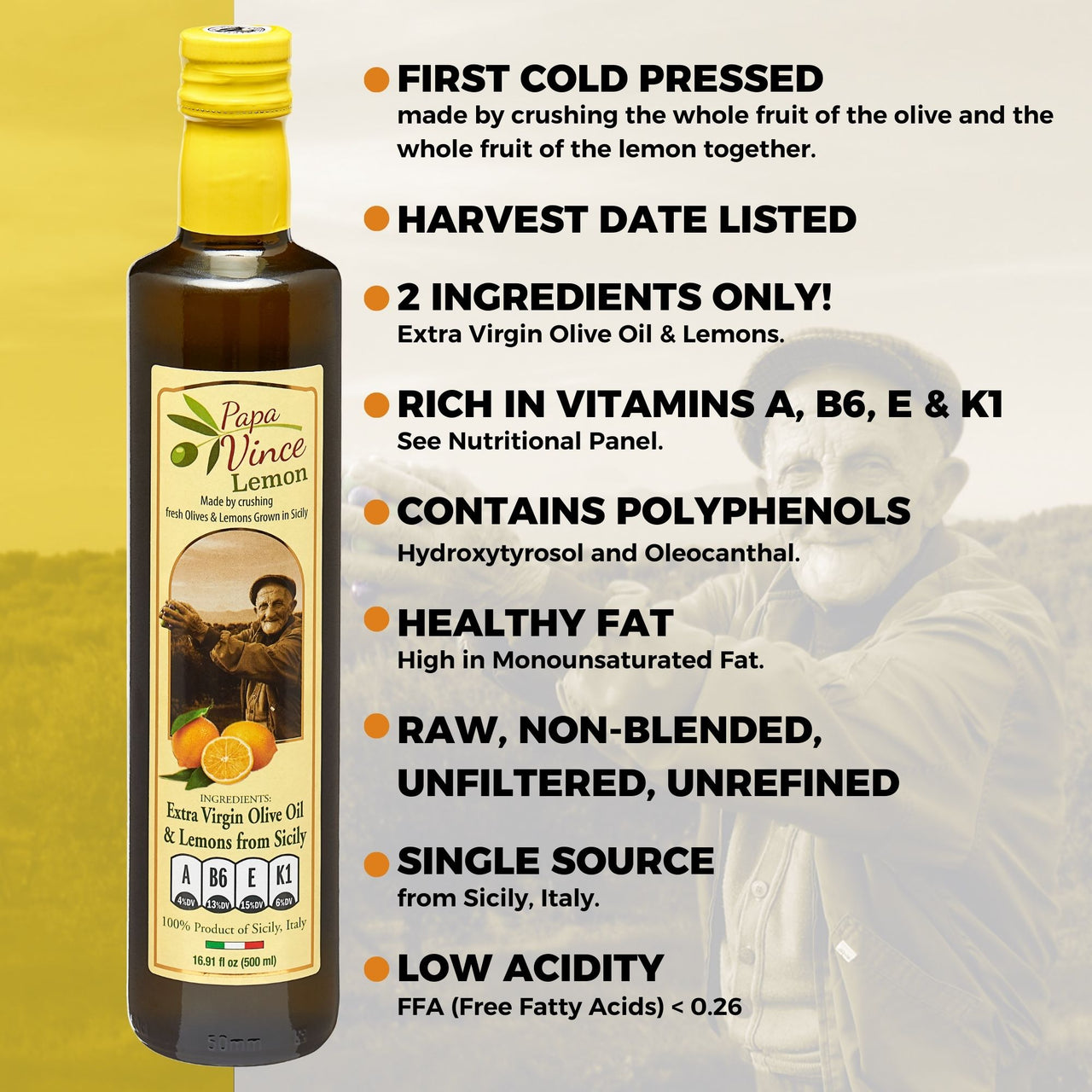 Papa Vince Lemon Olive Oil Extra Virgin First Cold Pressed Agrumato, Harvest 2019/20 Sicily, Italy, NO PESTICIDES, NO CHEMICALS, NO ARTIFICIAL FLAVORS, Unblended Unfiltered, Peppery Finish, 16.9 fl oz - Papa Vince