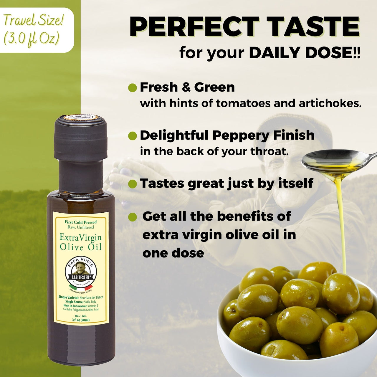 Olive Oil Extra Virgin Single Estate from our family in Sicily, Clean Food, First Cold Pressed 2020/21, Italy, Unblended, Unfiltered, Unrefined, Robust, Rich in Antioxidant 3 fl oz