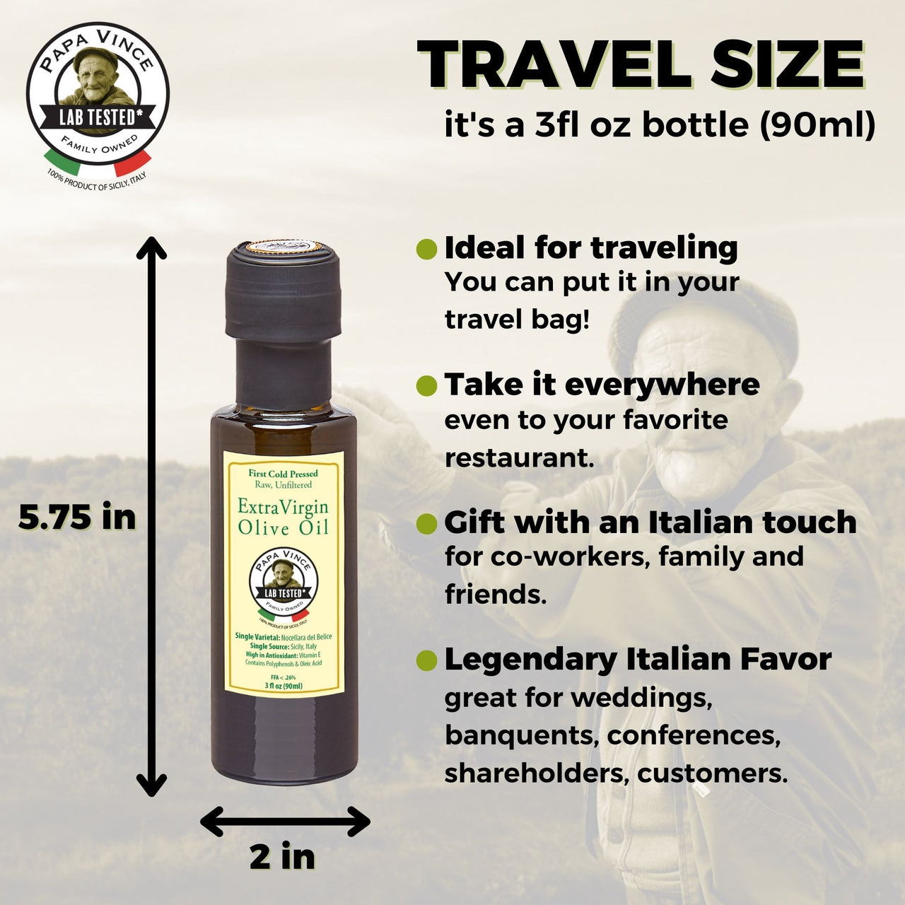 Olive Oil Set from Sicily - Olive Oil Extra Virgin Gift Unblended First Cold Pressed, Single Sourced from Italy, Unfiltered, Unrefined, Robust, Rich in Antioxidants 3 fl oz [4Pack] | Papa Vince - Papa Vince