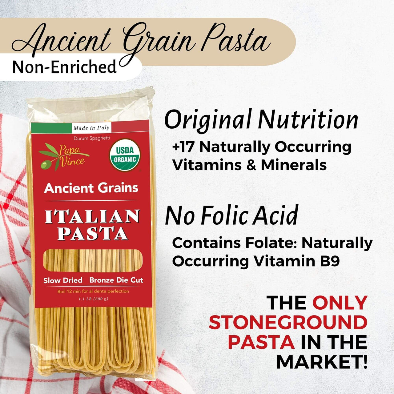 Gourmet Italian Food Gift Basket contains Non Enriched, Whole Wheat, Ancient Grain Italian Pasta Durum Spaghetti
