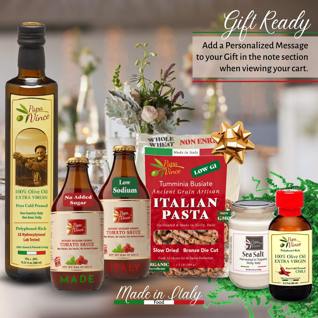 Gourmet Italian Food Gift Basket: Low Carb Pasta, Sauce, Polyphenol-Rich EVOO, Dressing, Vegan, Keto, No Pesticides, Travel Size, Italian Gift Ready Option
