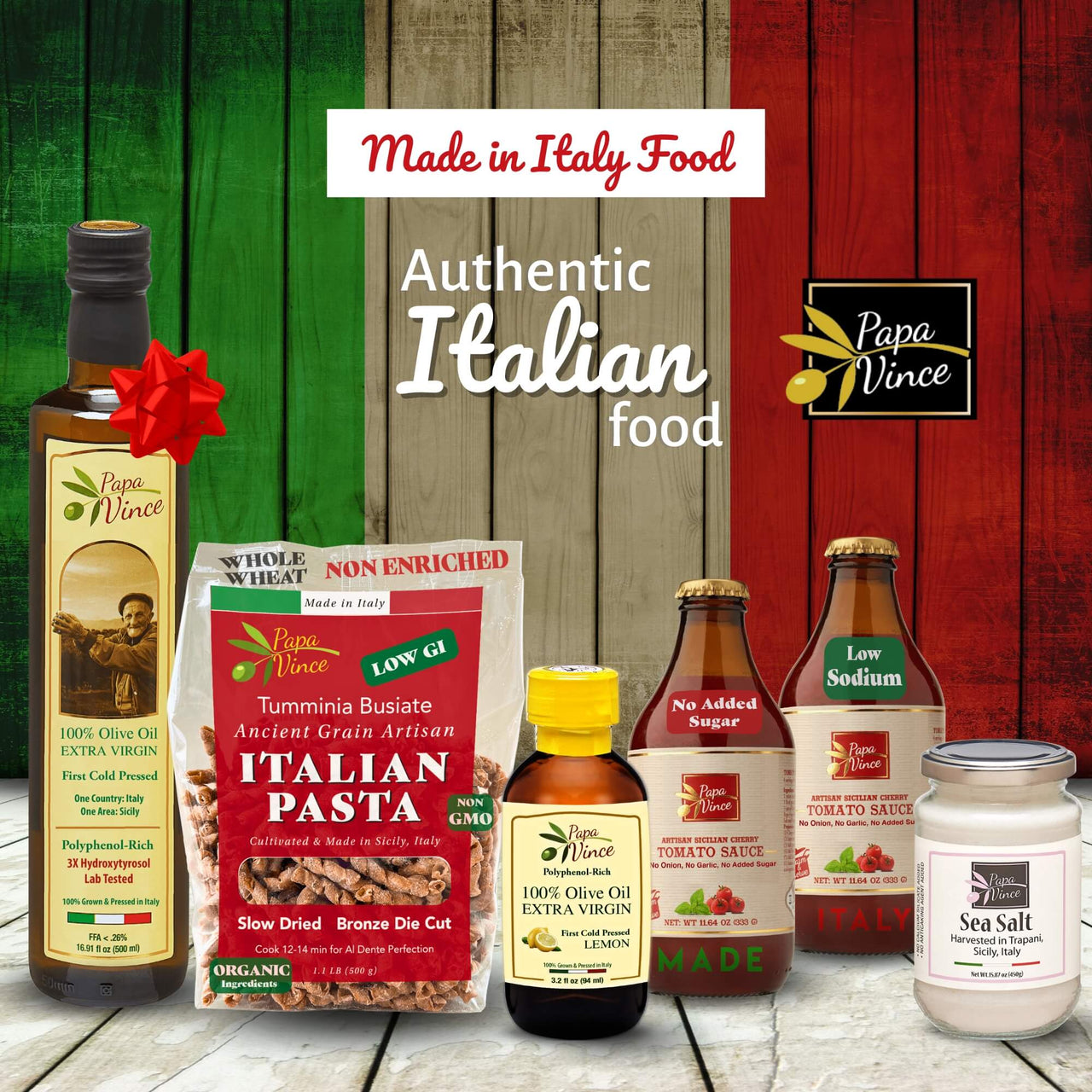 Gourmet Italian Food Gift Basket: Low Carb Pasta, Sauce, Polyphenol-Rich EVOO, Dressing, Vegan, Keto, No Pesticides, Travel Size, Made in Italy Food
