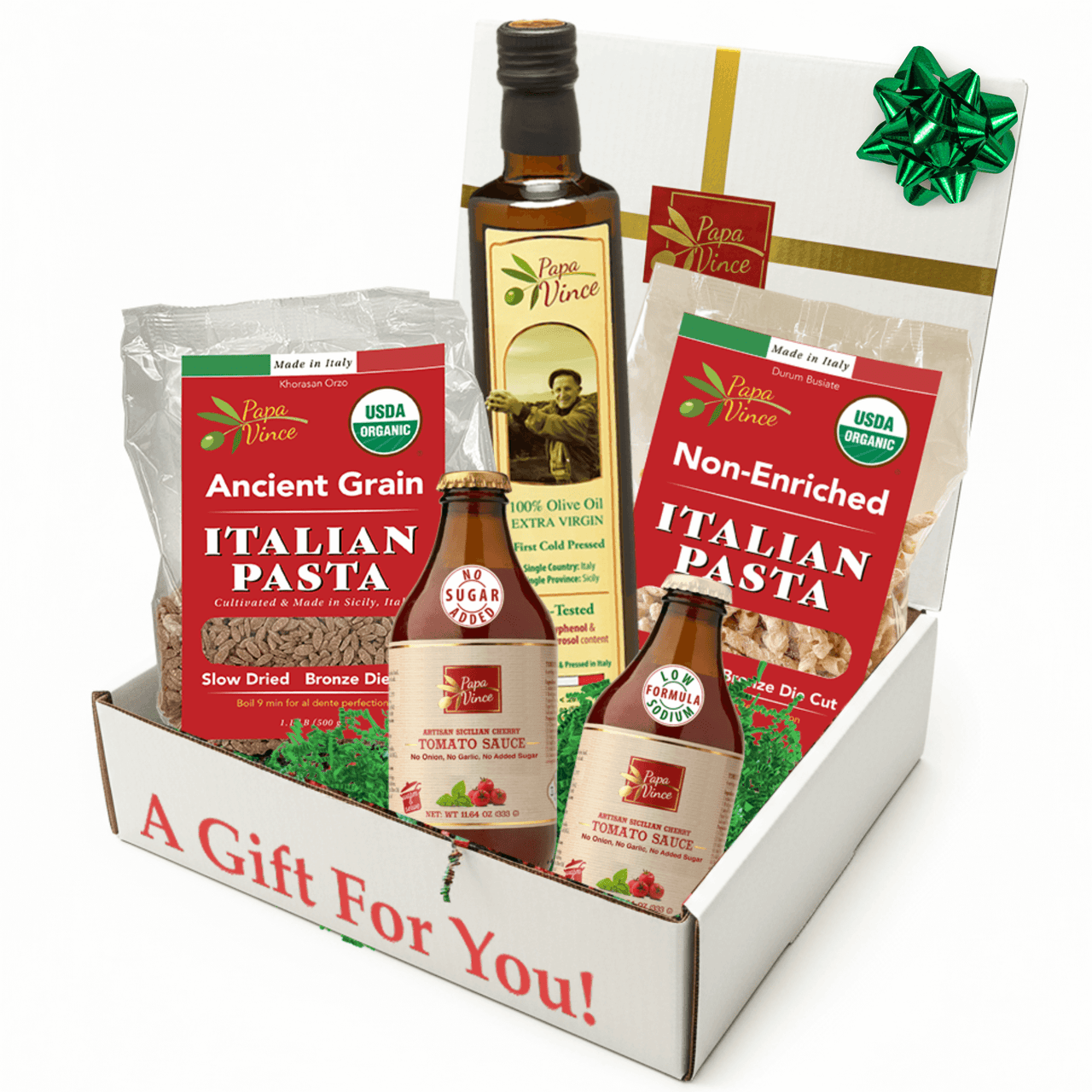 High in Hydroxytyrosol Olive Oil , Khorasan Orzo and Durum Busiate Pasta, Low Acid Tomato Sauce - Papa Vince