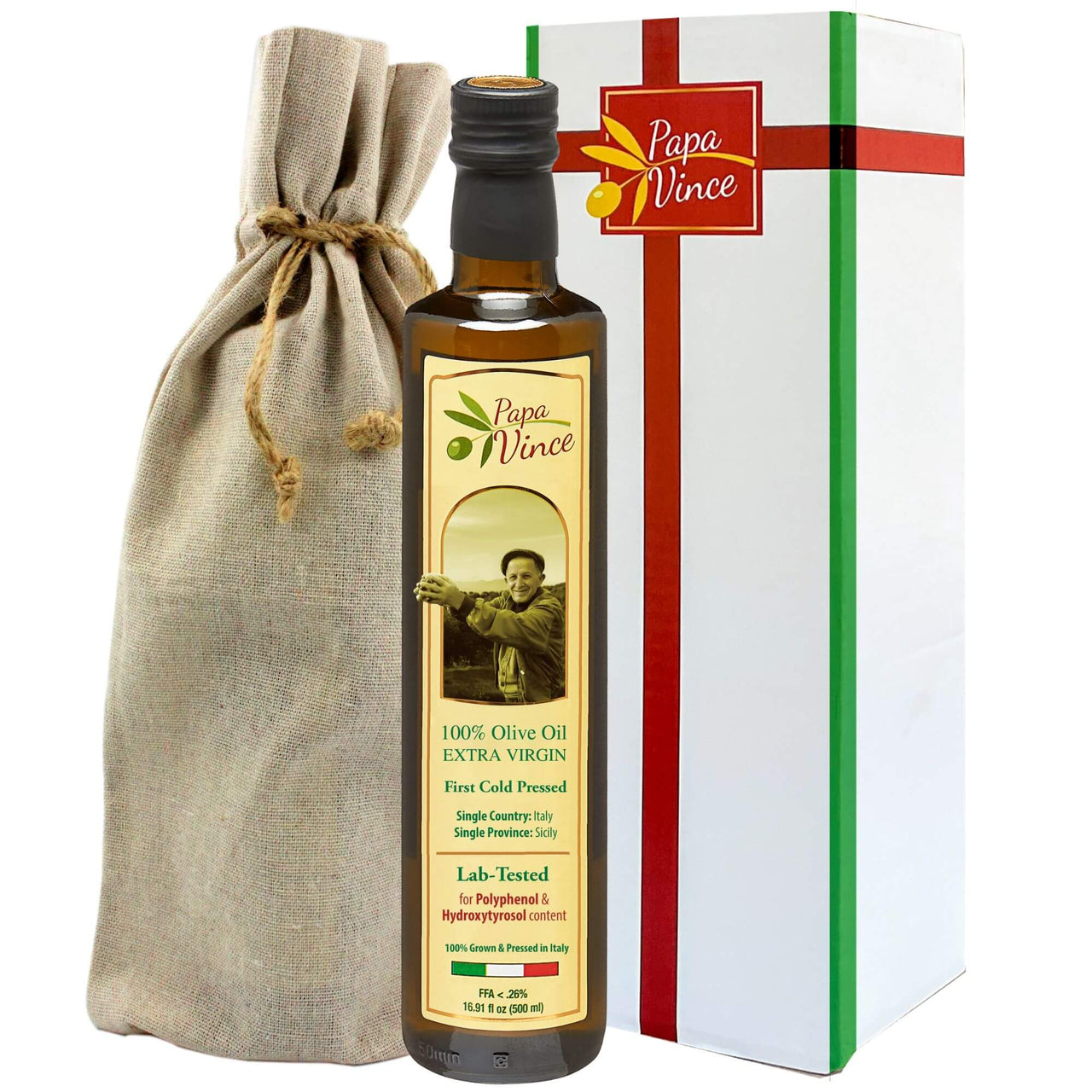 Papa Vince Olive Oil Extra Virgin Gift - Unblended, Family Harvest 2024/25, High in Polyphenols, Single Estate, First Cold Pressed, Sicily, Italy, Peppery Finish, Unfiltered, Unrefined, Natural Burlap Bag - Papa Vince
