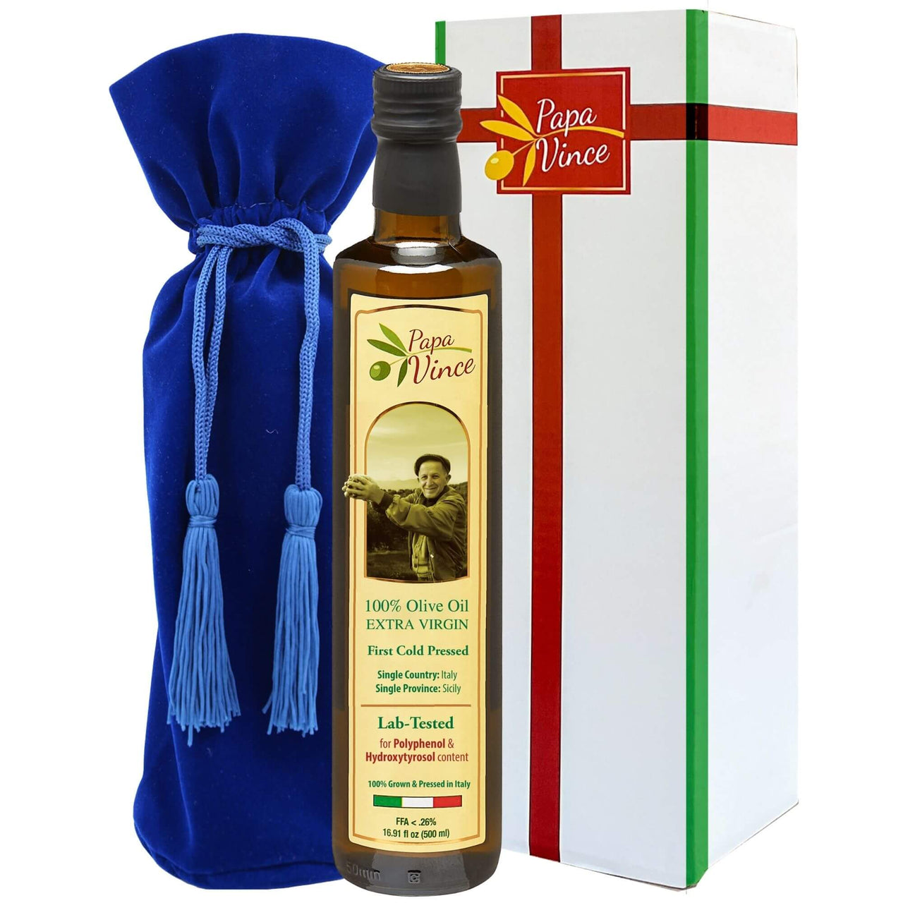 Papa Vince Olive Oil Extra Virgin Gift - Unblended, Family Harvest 2024/25, High in Polyphenols, Single Estate, First Cold Pressed, Sicily, Italy, Peppery Finish, Unfiltered, Unrefined, Velvet Blue - Papa Vince
