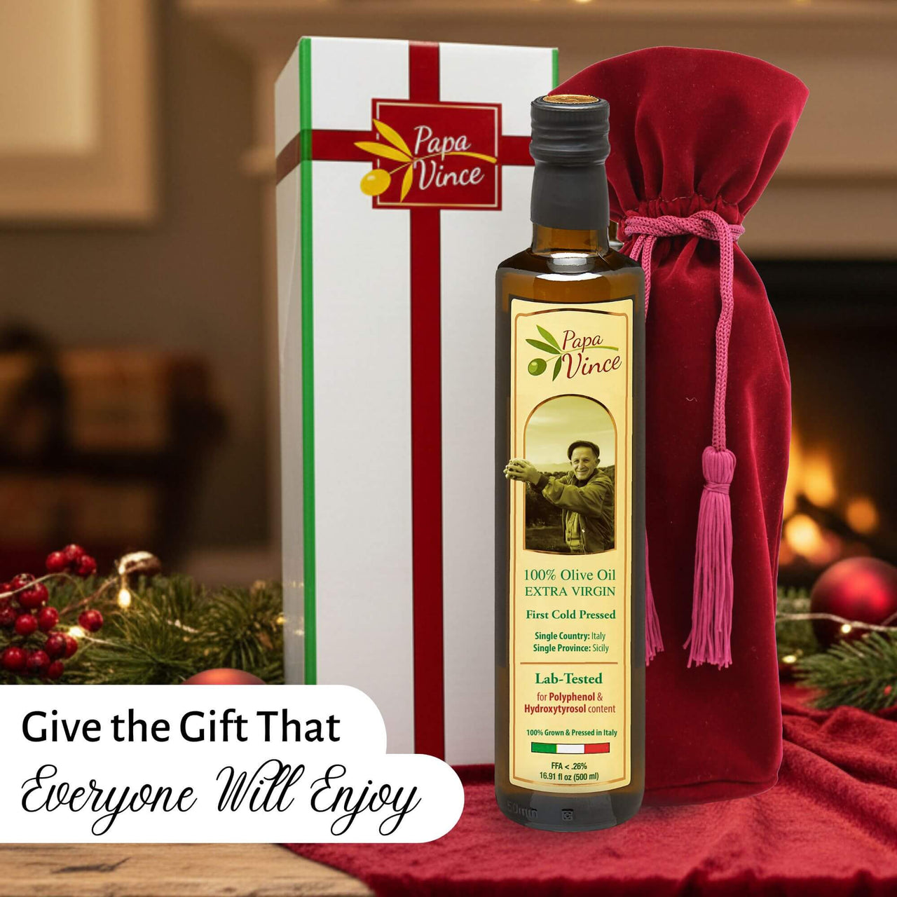 Papa Vince Olive Oil Extra Virgin Gift - Unblended, Family Harvest 2024/25, High in Polyphenols, Single Estate, First Cold Pressed, Sicily, Italy, Peppery Finish, Unfiltered, Unrefined, Velvet Burgundy - Papa Vince