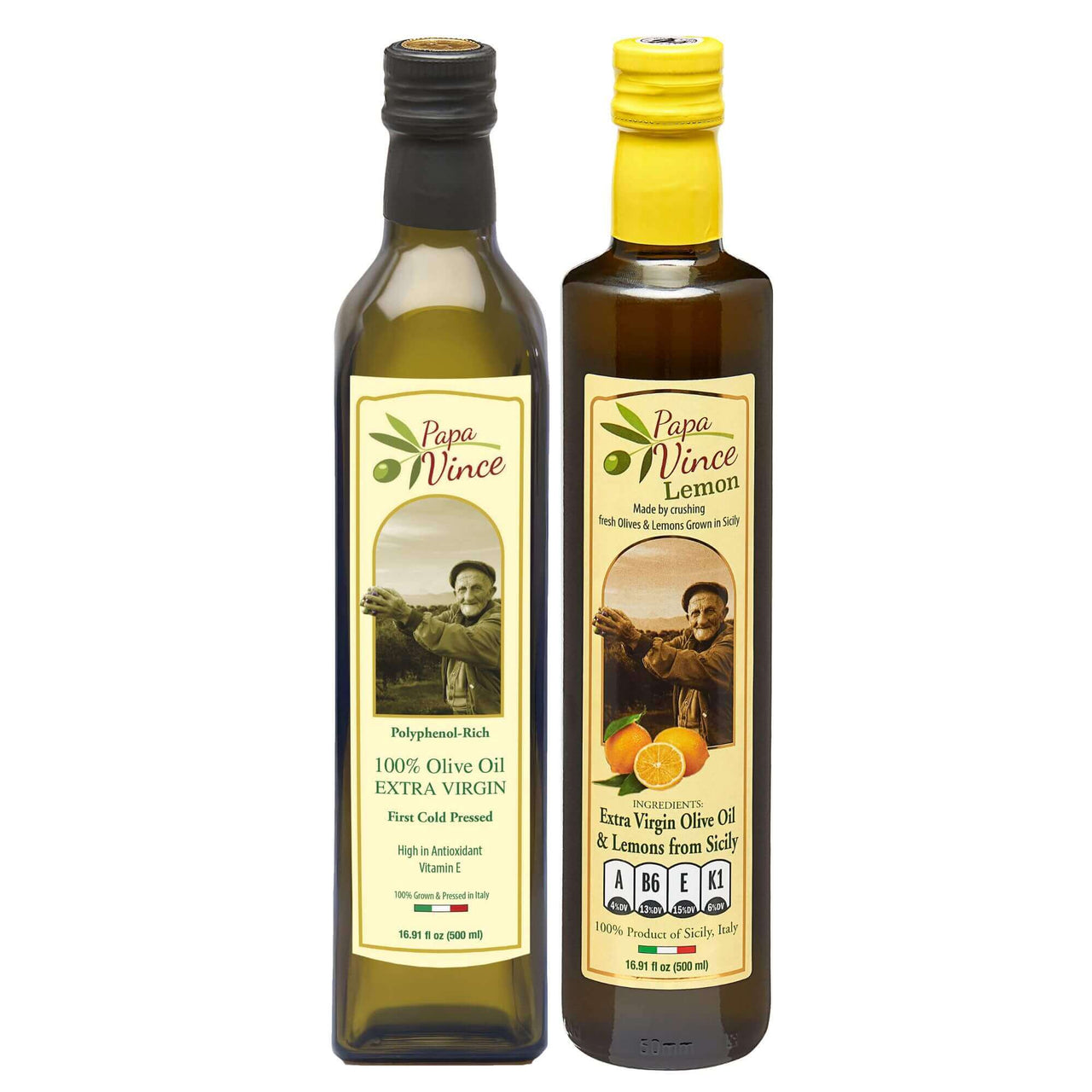 Polyphenol Rich Olive Oil, Good Tasting, Cold Pressed, Extra Virgin Agrumato Fused Lemon Olive Oil from Sicily, Italy. 2-Piece Gift Set - Papa Vince