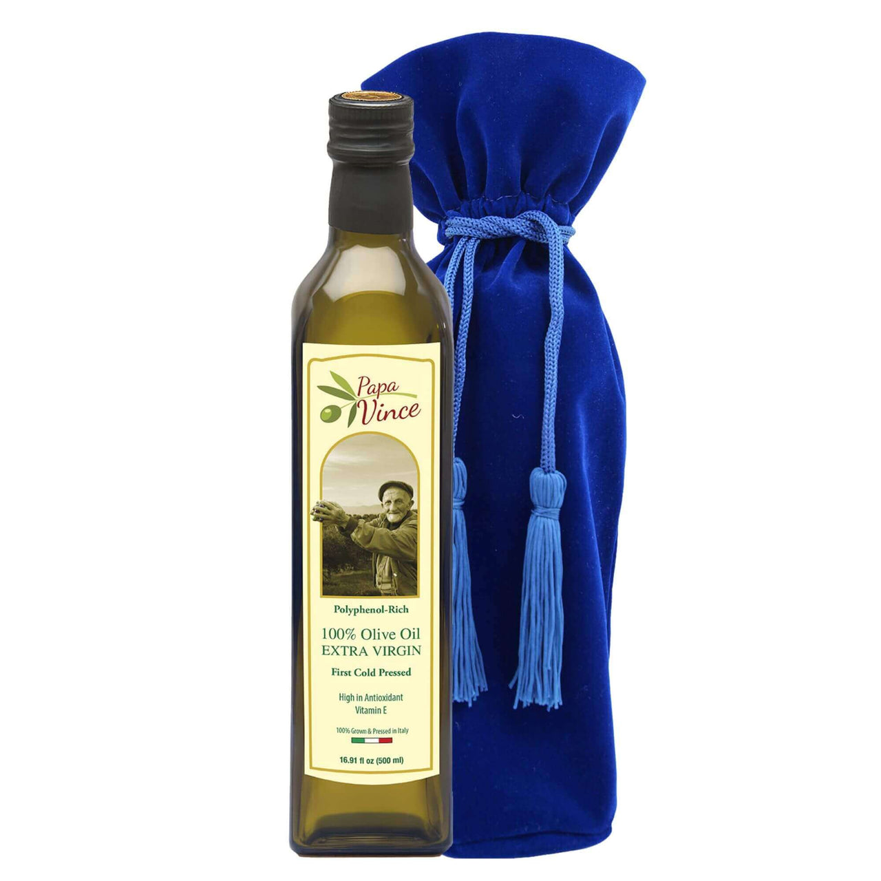 Papa Vince Olive Oil Extra Virgin Gift - Unblended, Family Harvest 2022/23, High in Polyphenols, Single Estate, First Cold Pressed, Sicily, Italy, Peppery Finish, Unfiltered, Unrefined, Velvet Blue - Papa Vince