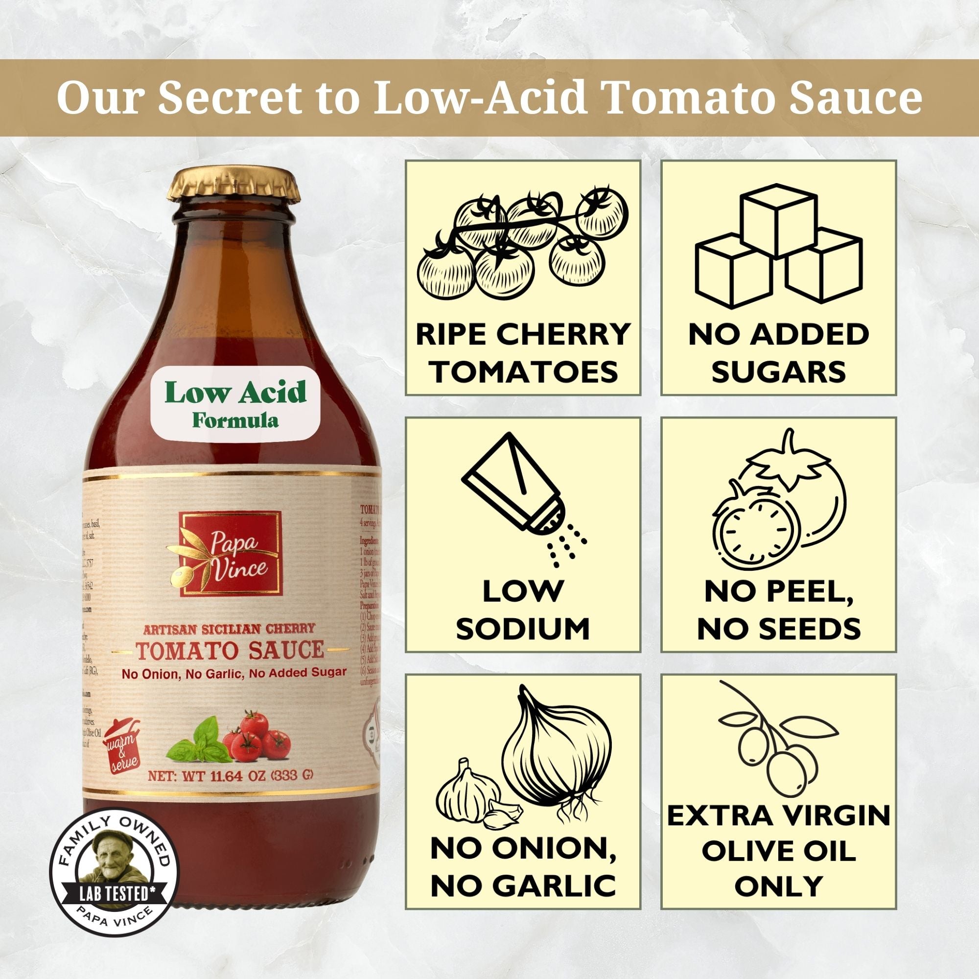 Low Acid Papa Vince Glass Canned Pasta Tomato Sauce 11.6 Oz