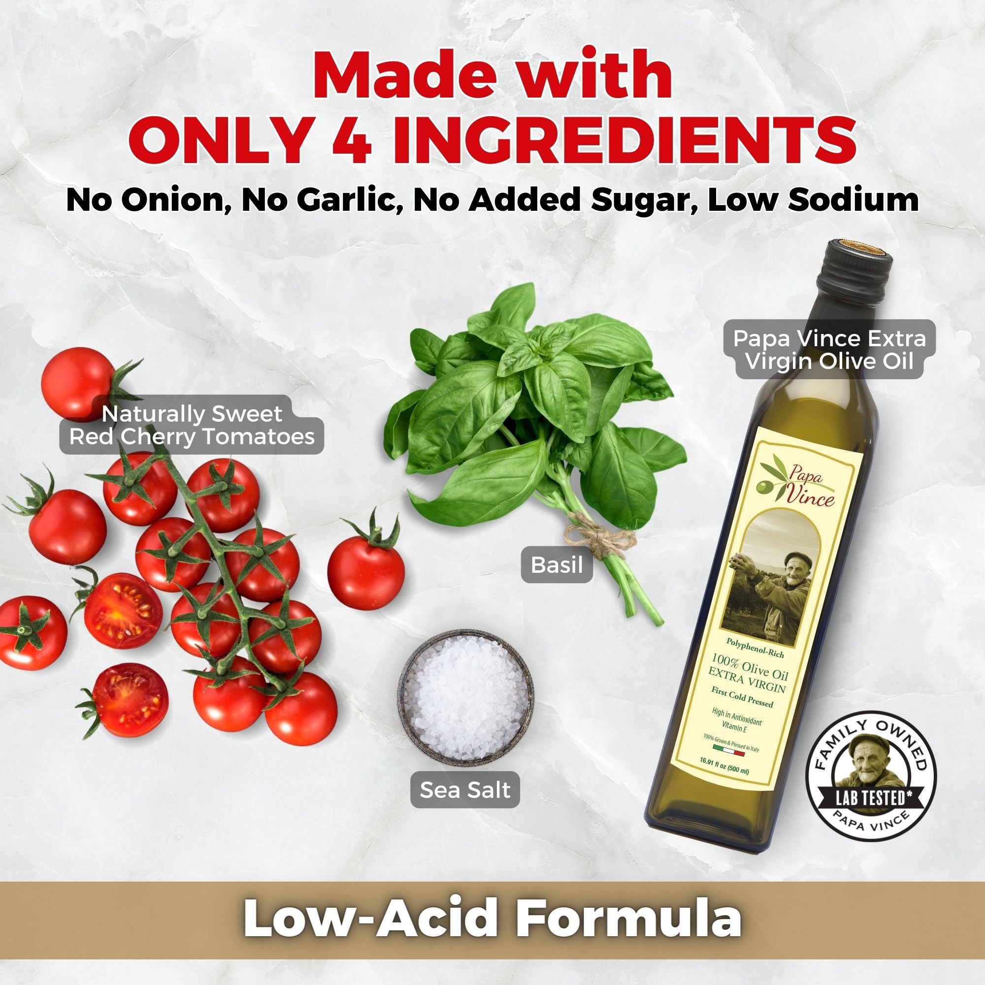 Low Acid Papa Vince Glass Canned Pasta Tomato Sauce 11.6 Oz