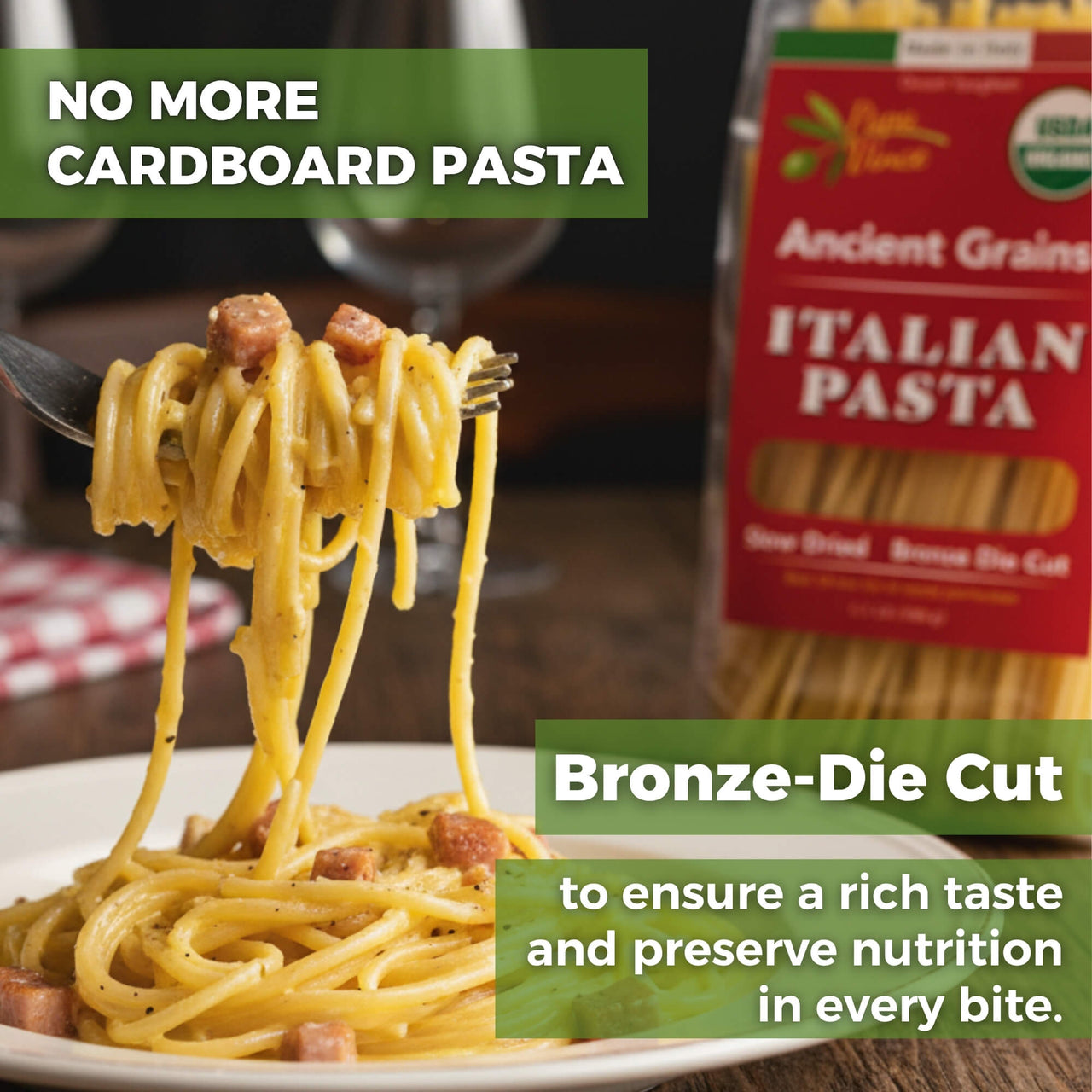 Papa Vince Bronze-Die Cut Organic Spaghetti has a rough, porous texture that holds sauce better for an authentic, restaurant-quality pasta experience with perfect al dente texture.