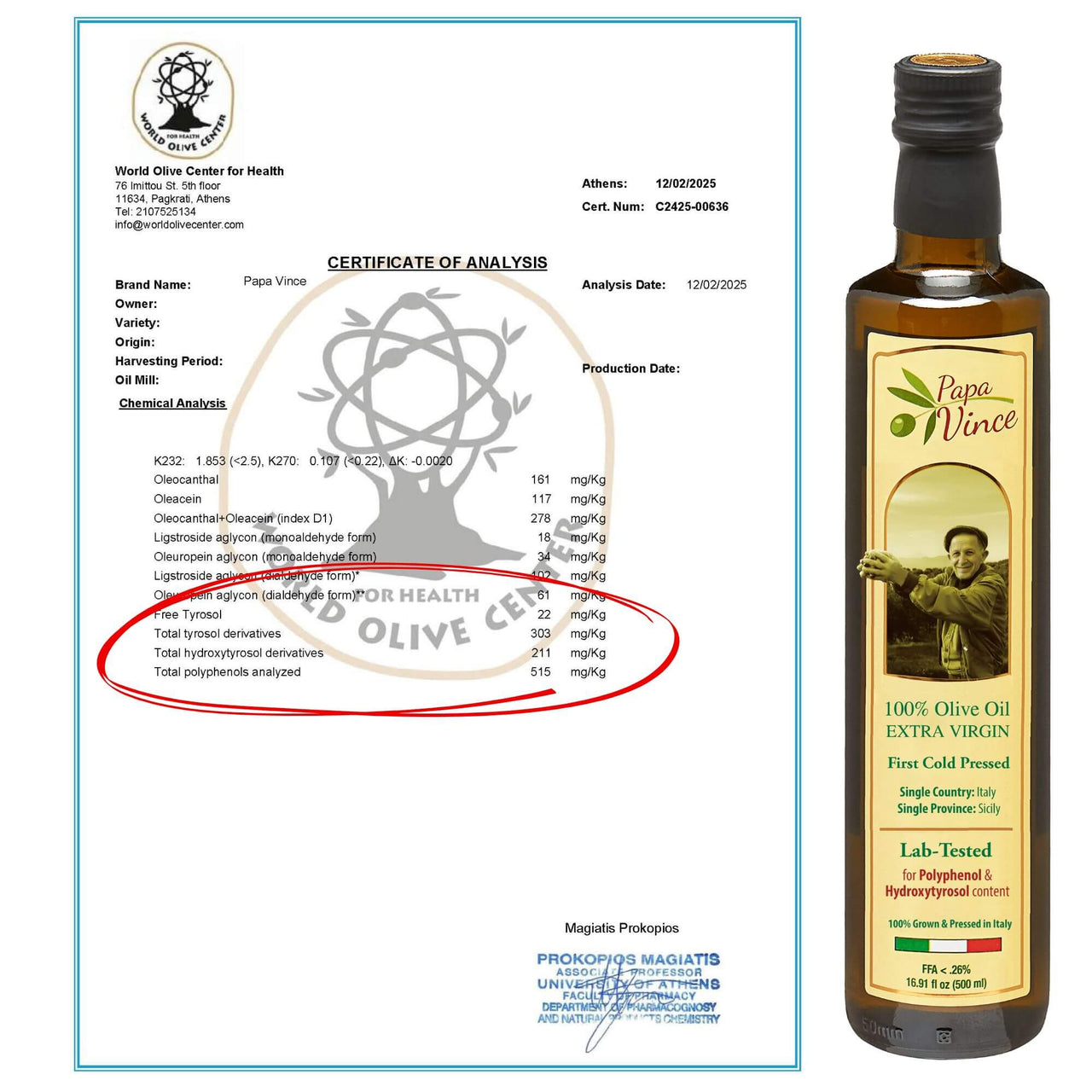 Papa Vince olive oil lab test: hydroxytyrosol-rich olive oil, contains polyphenols