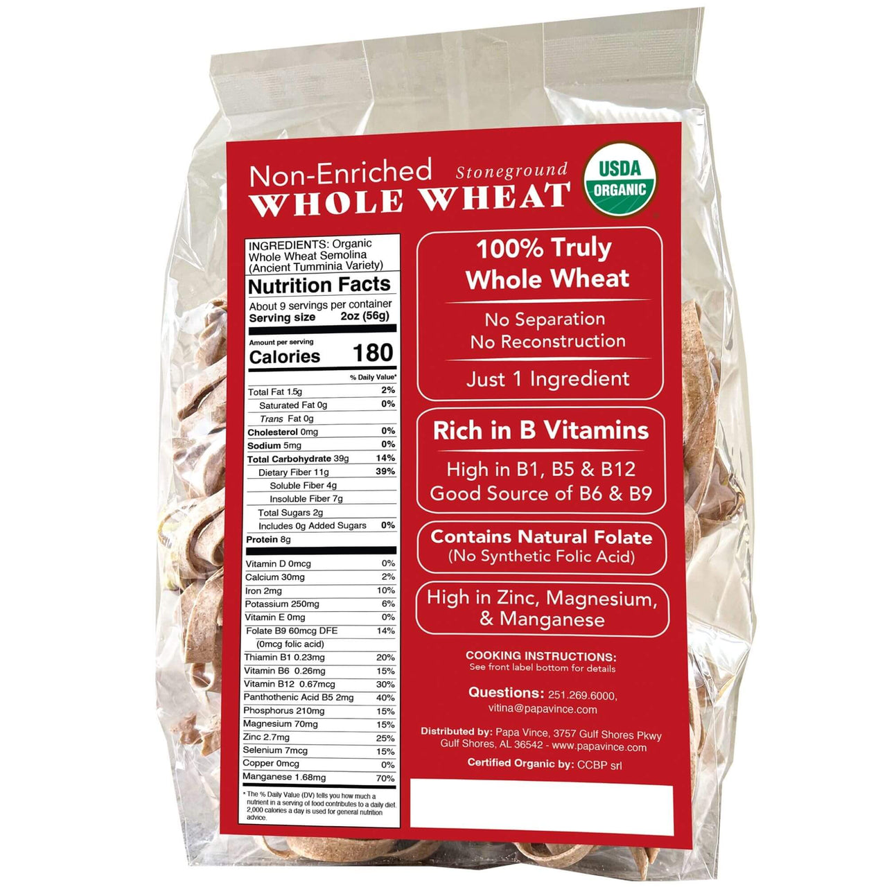 Low GI Pasta Tagliatelle, Whole Wheat, Non GMO, Organic, Non Enriched, Made in Italy, no low-gluten, no folic acid, ancient grain, bronze die cut, cold stone, ground al dente, nutritional panel, Papa Vince