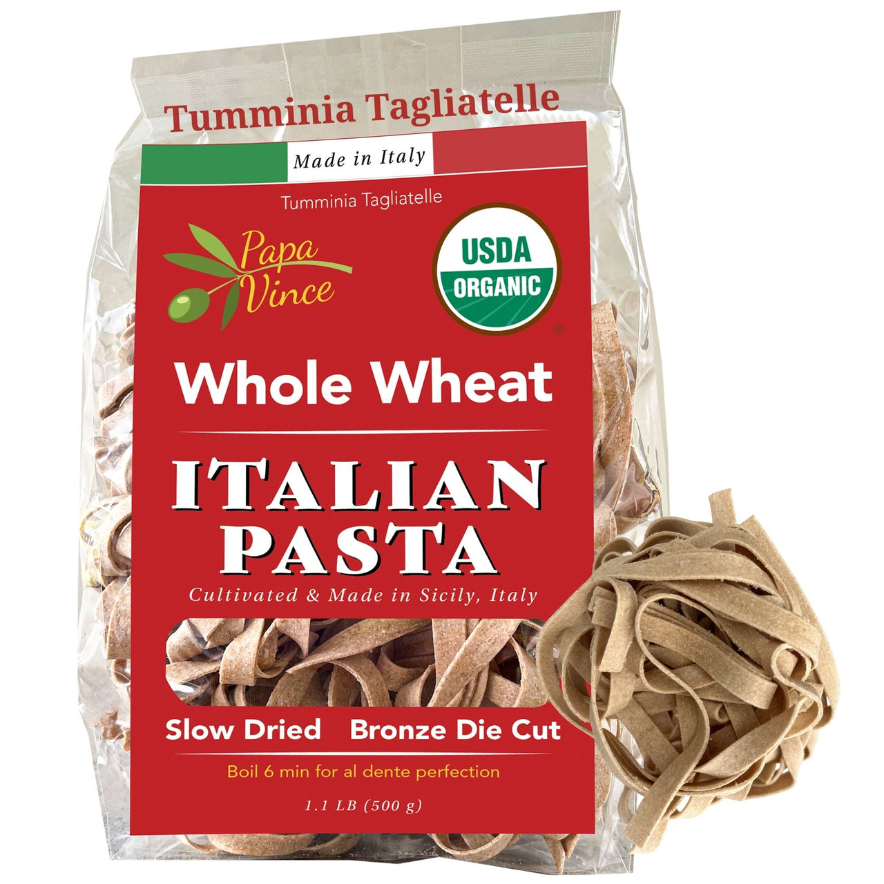 Low GI Pasta Tagliatelle, Whole Wheat, Non GMO, Organic, Non Enriched, Made in Italy, no low-gluten, no folic acid, ancient grain, bronze die cut, cold stone, ground al dente, front Papa Vince