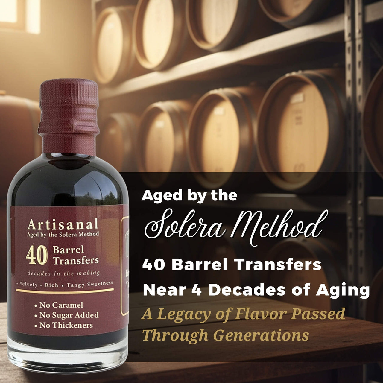 Papa Vince Balsamic Vinegar of Sicily 40 aged by the Solera Method with 40 barrel transfers and nearly four decades of craftsmanship.