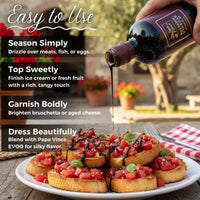 Thumbnail for Papa Vince Balsamic Vinegar pouring over bruschetta with text showing versatile uses as seasoning, topping, garnish, and salad dressing.