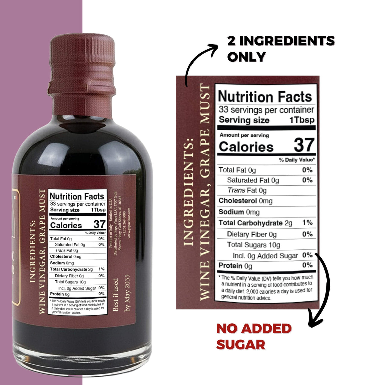 Back label of Papa Vince Balsamic Vinegar of Sicily 40 showing ingredients and nutrition facts with no sugar added.