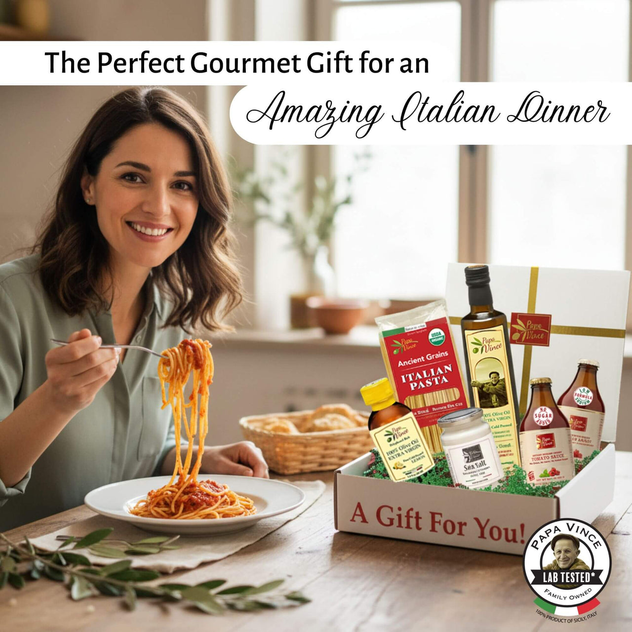 Papa Vince Italian gourmet gift box with extra virgin olive oil, pasta, tomato sauce, and sea salt — authentic Made in Italy food set.
