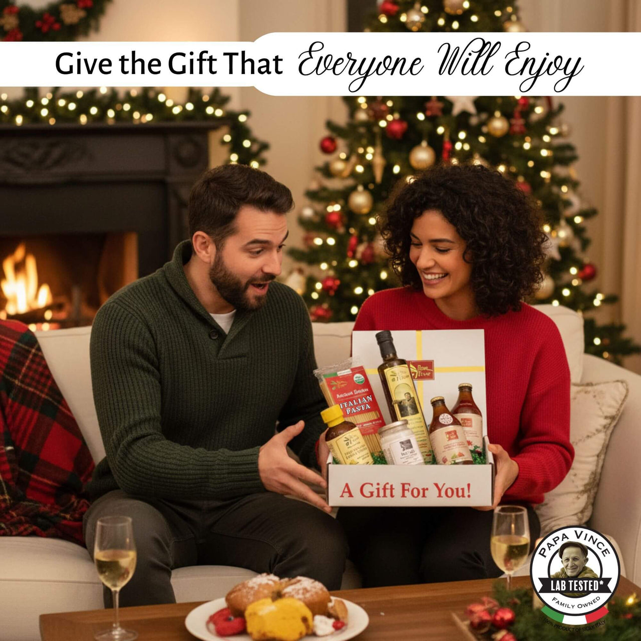 Papa Vince Italian gourmet gift box with extra virgin olive oil, pasta, tomato sauce, and sea salt — authentic Made in Italy food set.