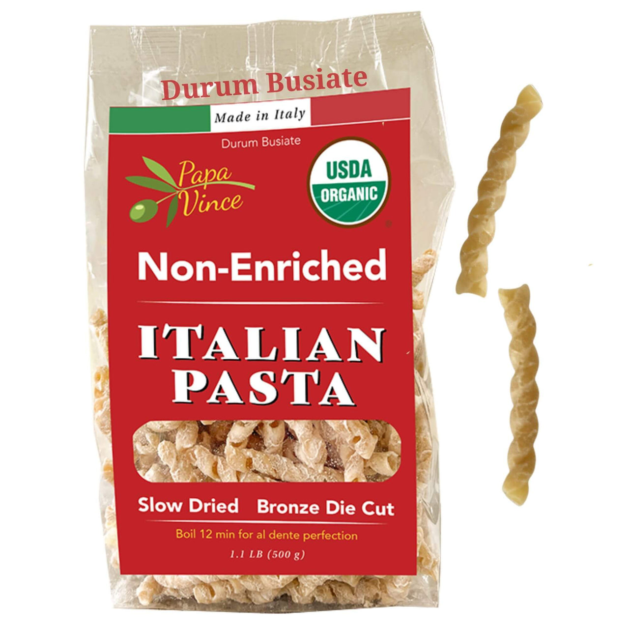 Papa Vince Organic Non Enriched Pasta - Non Fortified good whole wheat busiate pasta, made in Italy from ancient grains cultivated in Sicily, Italy. No Folic Acid. Slow Dried. Bronze Die. Stoneground. Stone Milling. No Bloating. Unbleached. Al Dente. Low Gluten
