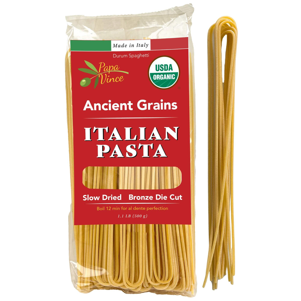 Papa Vince Organic Durum Spaghetti Pasta made from artisan Sicilian grain. Slow-dried and bronze die-cut for superior texture and sauce absorption. 100% whole wheat, non-GMO, and free from folic acid. Authentic Italian pasta made in Sicily.