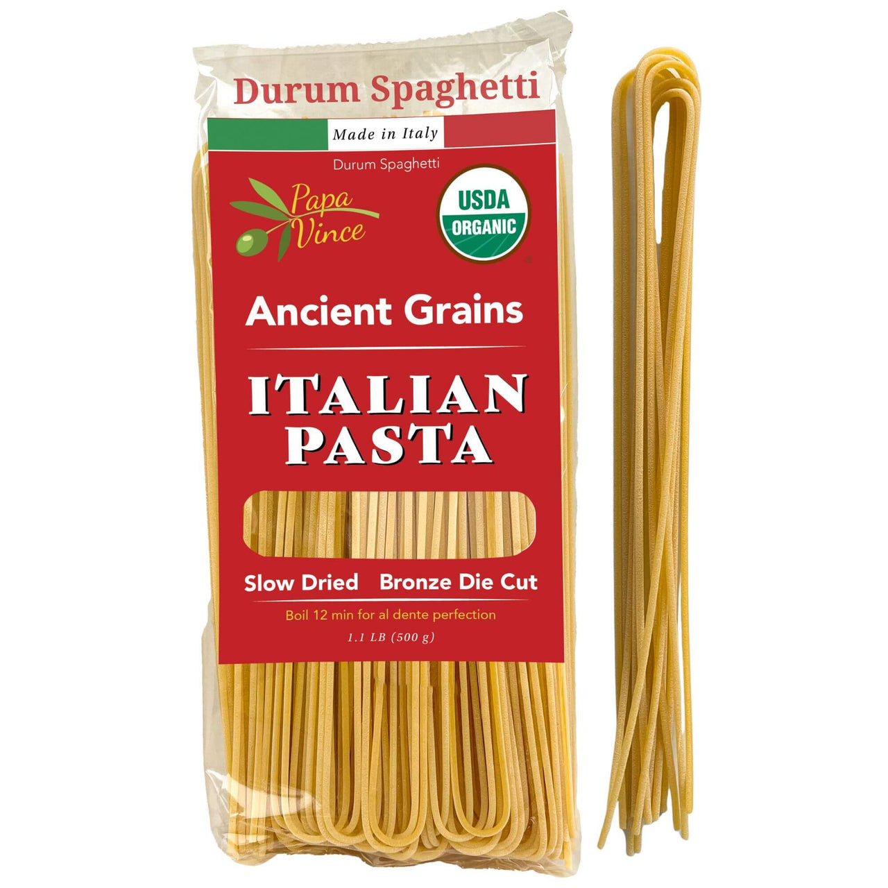 Papa Vince Organic Durum Spaghetti Pasta made from artisan Sicilian grain. Slow-dried and bronze die-cut for superior texture and sauce absorption. 100% whole wheat, non-GMO, and free from folic acid. Authentic Italian pasta made in Sicily.