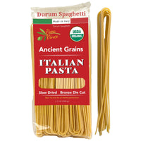 Thumbnail for Papa Vince Organic Durum Spaghetti Pasta made from artisan Sicilian grain. Slow-dried and bronze die-cut for superior texture and sauce absorption. 100% whole wheat, non-GMO, and free from folic acid. Authentic Italian pasta made in Sicily.