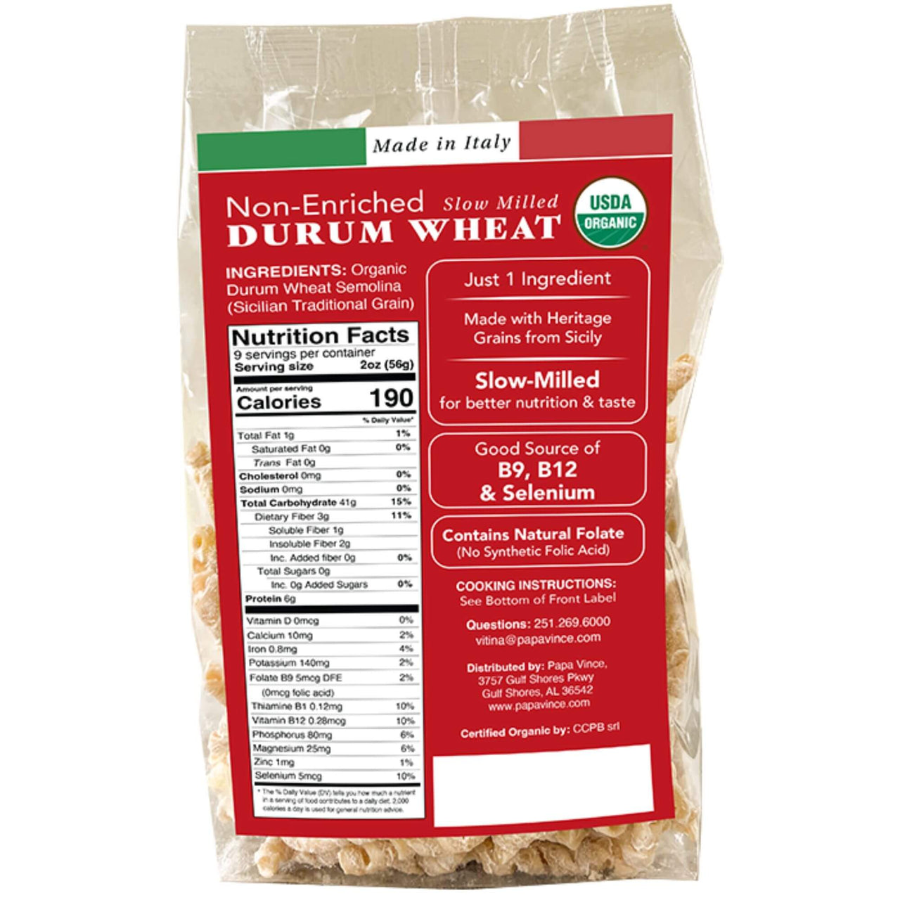 Papa Vince Organic Non Enriched Pasta - good whole wheat busiate pasta, made in Italy from ancient grains cultivated in Sicily, Italy. High in Selenium. High in Manganese. High in Folate. High in B9. High in B Complex. No Reconstituted. No Reconstructed