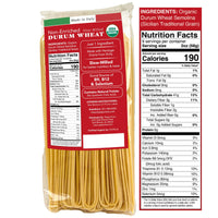 Thumbnail for Papa Vince Organic Whole Wheat Spaghetti nutrition label. Made from organic ancient durum wheat, non-enriched, non-GMO, and high in B vitamins, selenium, and fiber for a nutritious Italian pasta experience.
