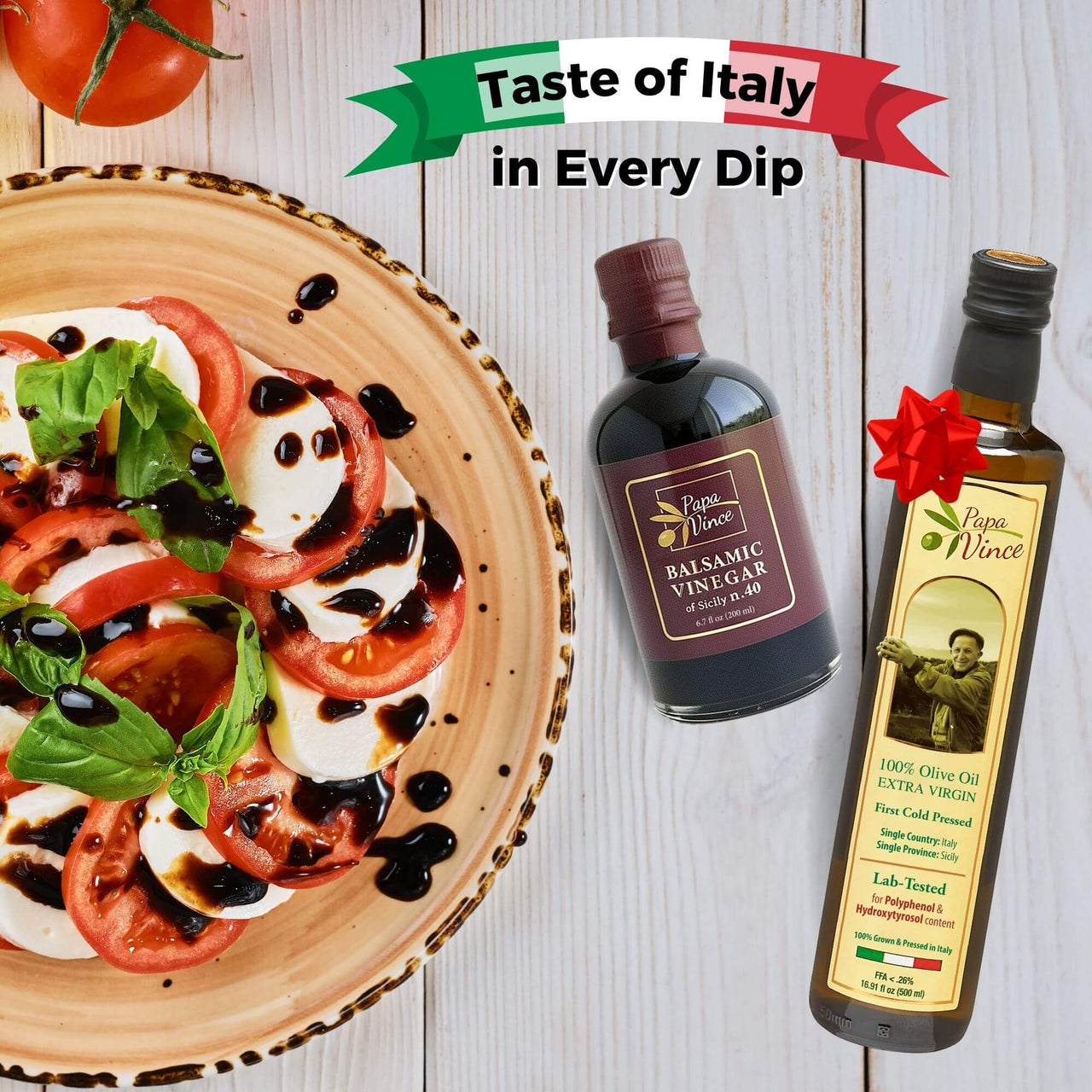 Papa Vince Olive Oil & Balsamic Vinegar Gift Set – Made in Italy, Family-Grown in Sicily. Features Sipping-Quality, Organic, Polyphenol-Rich EVOO & Slowly Aged, No-Sugar-Added Balsamic Vinegar