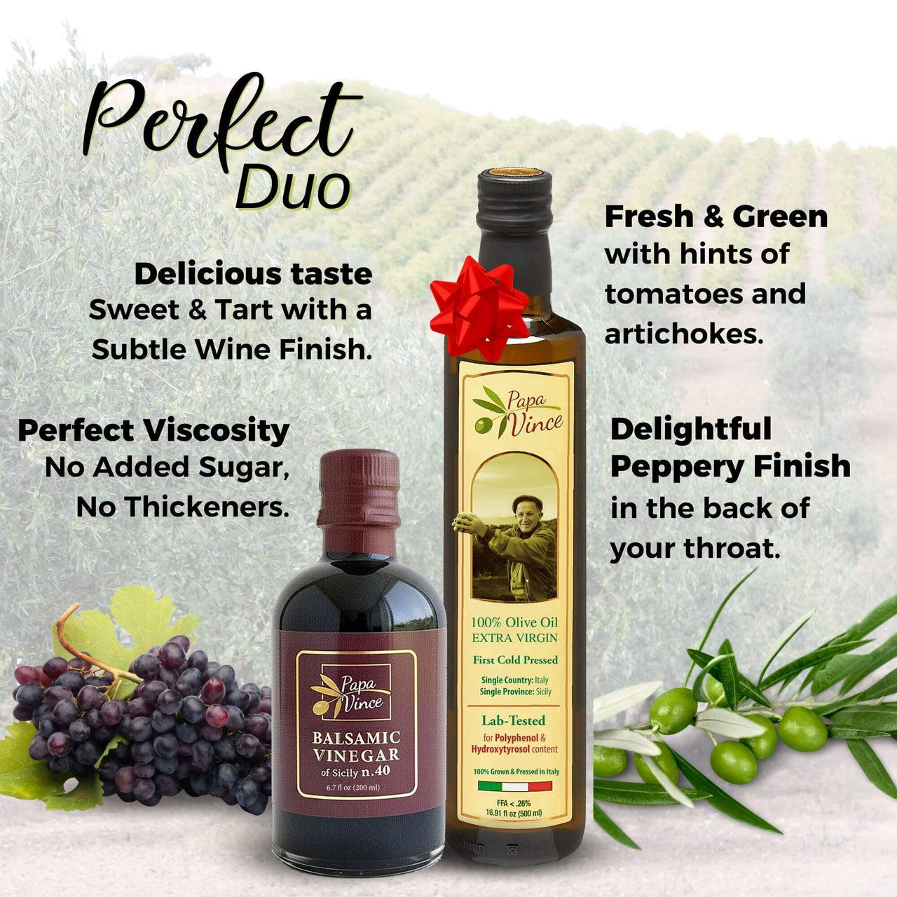 Papa Vince Olive Oil & Balsamic Vinegar Gift Set – Made in Italy, Family-Grown in Sicily. Features Sipping-Quality, Organic, Polyphenol-Rich EVOO & Slowly Aged, No-Sugar-Added Balsamic Vinegar