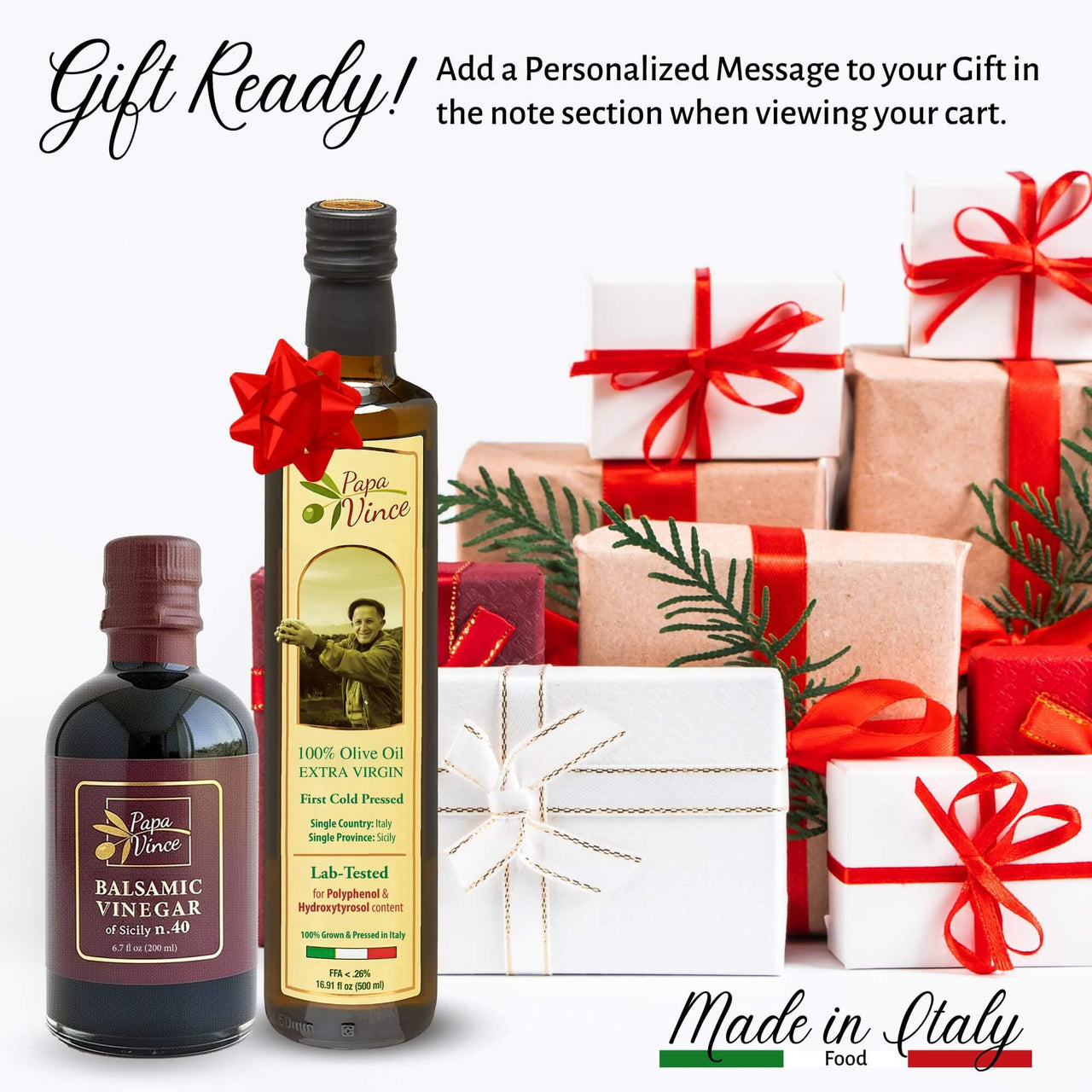 Papa Vince Olive Oil & Balsamic Vinegar Gift Set – Made in Italy, Family-Grown in Sicily. Features Sipping-Quality, Organic, Polyphenol-Rich EVOO & Slowly Aged, No-Sugar-Added Balsamic Vinegar