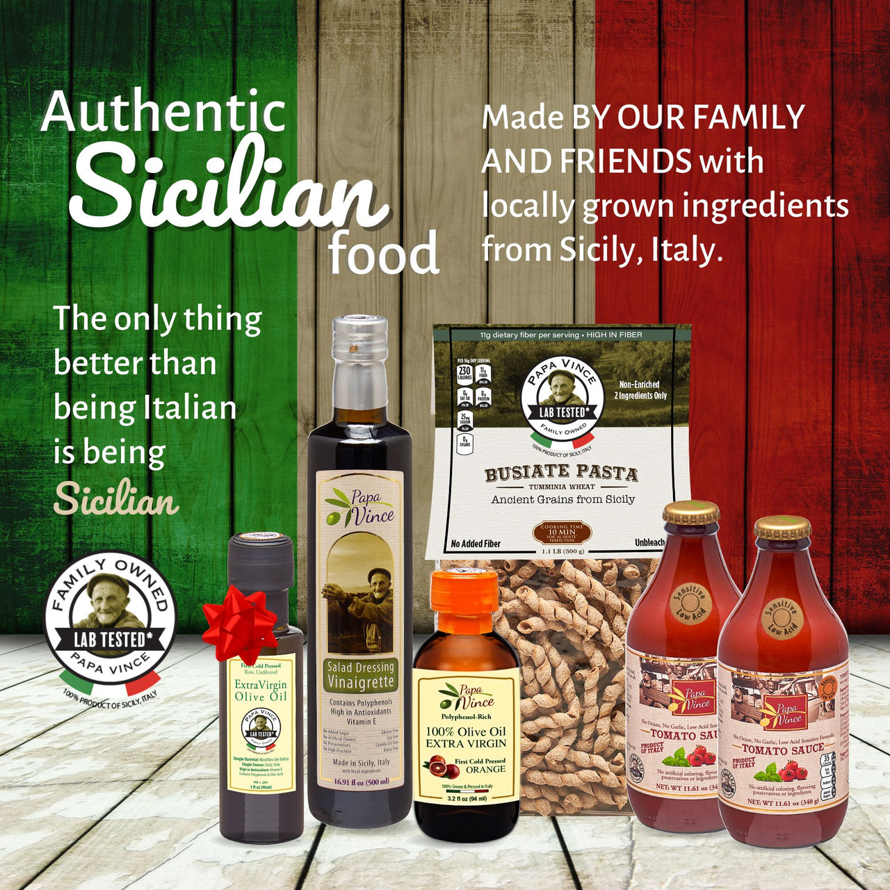 Sicilian and Italian-Made Food Gift Basket: Low Carb Pasta, Sauce, EVOO, Dressing, Vegan, Keto, No Pesticides