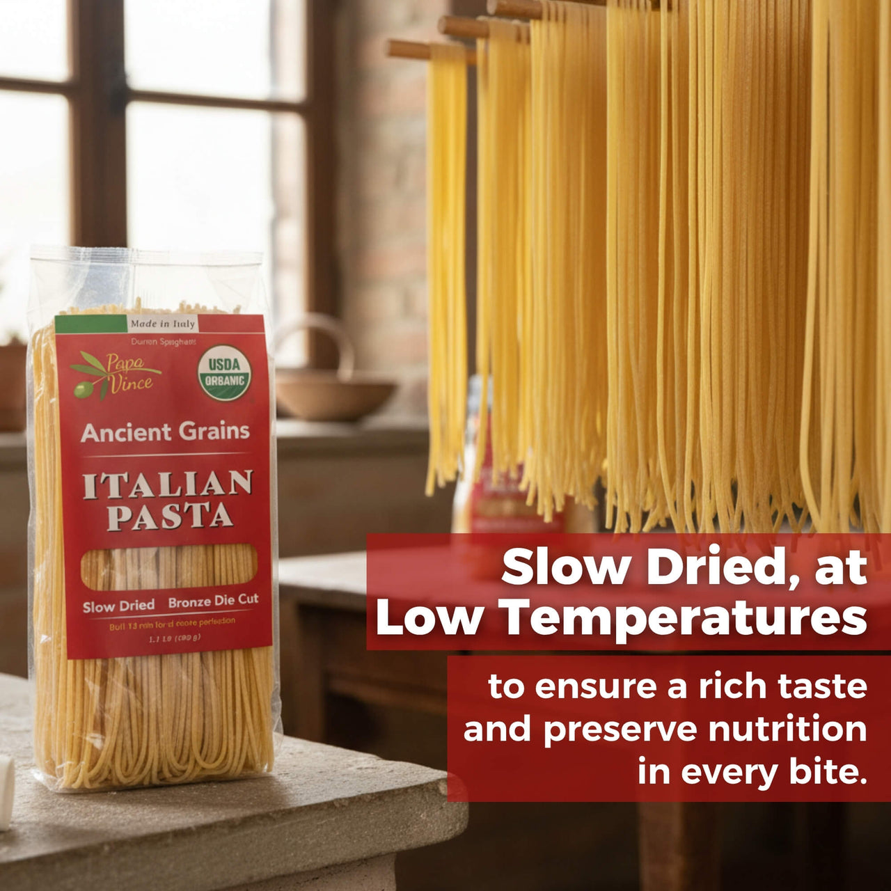 Papa Vince slow-dried organic spaghetti pasta, made at low temperatures to preserve natural nutrients, antioxidants, and rich Italian flavor. Authentic Sicilian pasta with a perfect al dente texture.