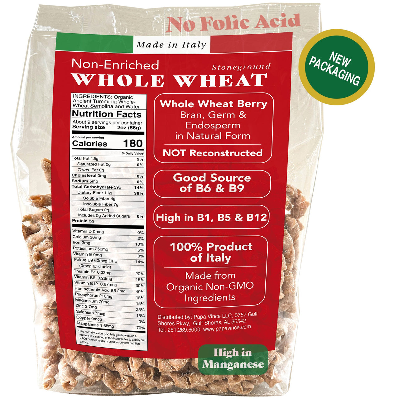 Whole wheat pasta, non Enriched, no folic acid, low gluten ancient grains, non-gmo, organic, sicily Italy bronze die cut stone grinding, al dente nutritional panel Papa Vince