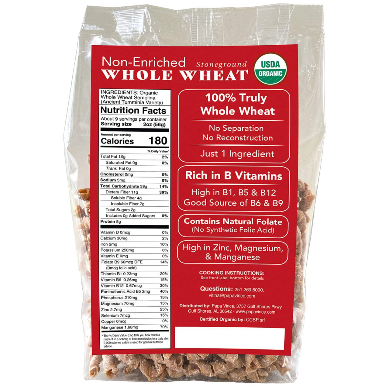 Whole wheat pasta, non Enriched, no folic acid, low gluten ancient grains, non-gmo, organic, sicily Italy bronze die cut stone grinding, al dente nutritional panel Papa Vince