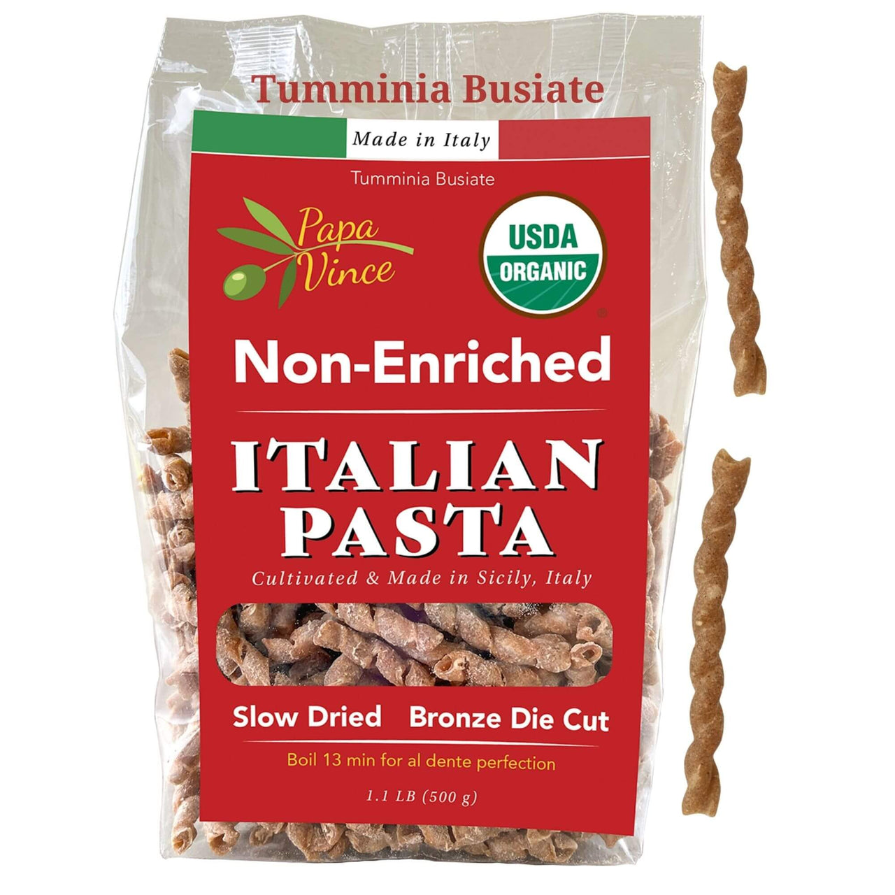 Whole wheat pasta, non Enriched, no folic acid, low gluten ancient grains, non-gmo, organic, sicily Italy bronze die cut stone grinding, al dente Papa Vince