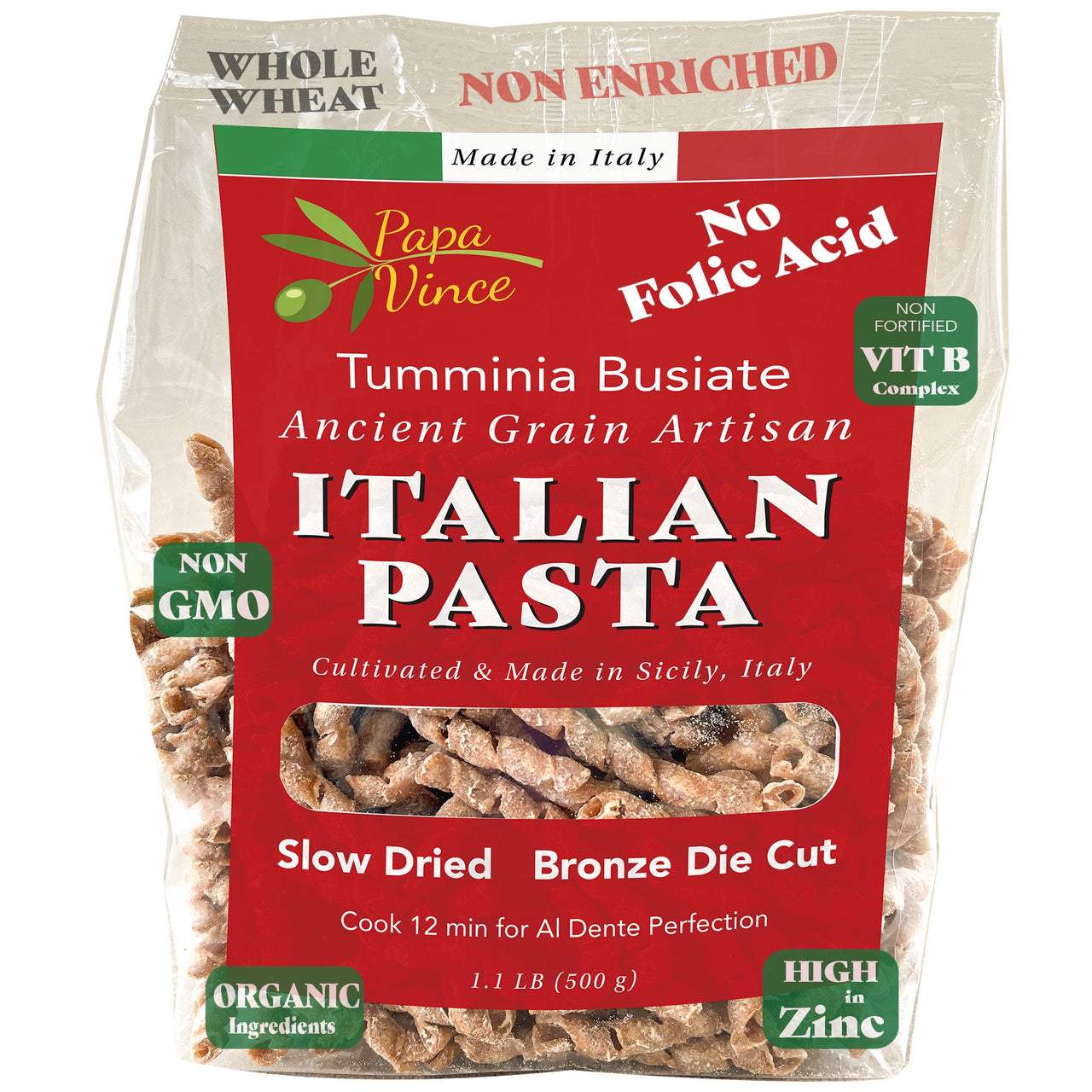 Whole wheat pasta, non Enriched, no folic acid, low gluten ancient grains, non-gmo, organic, sicily Italy bronze die cut stone grinding, al dente Papa Vince