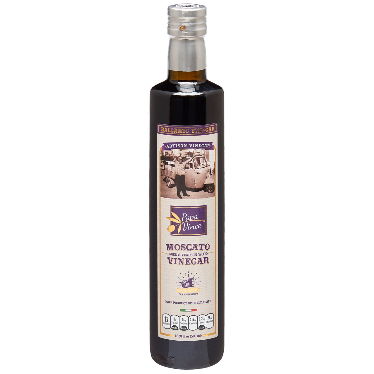 Balsamic Vinegar Red Wine Moscato - Clean Food, with hints of Figs, Raspberry & Homemade Wine aged 8-years in Oak & Chestnut wood in small batches by our family from Sicily, Italy | 16.91 fl oz - Papa Vince - Papa Vince
