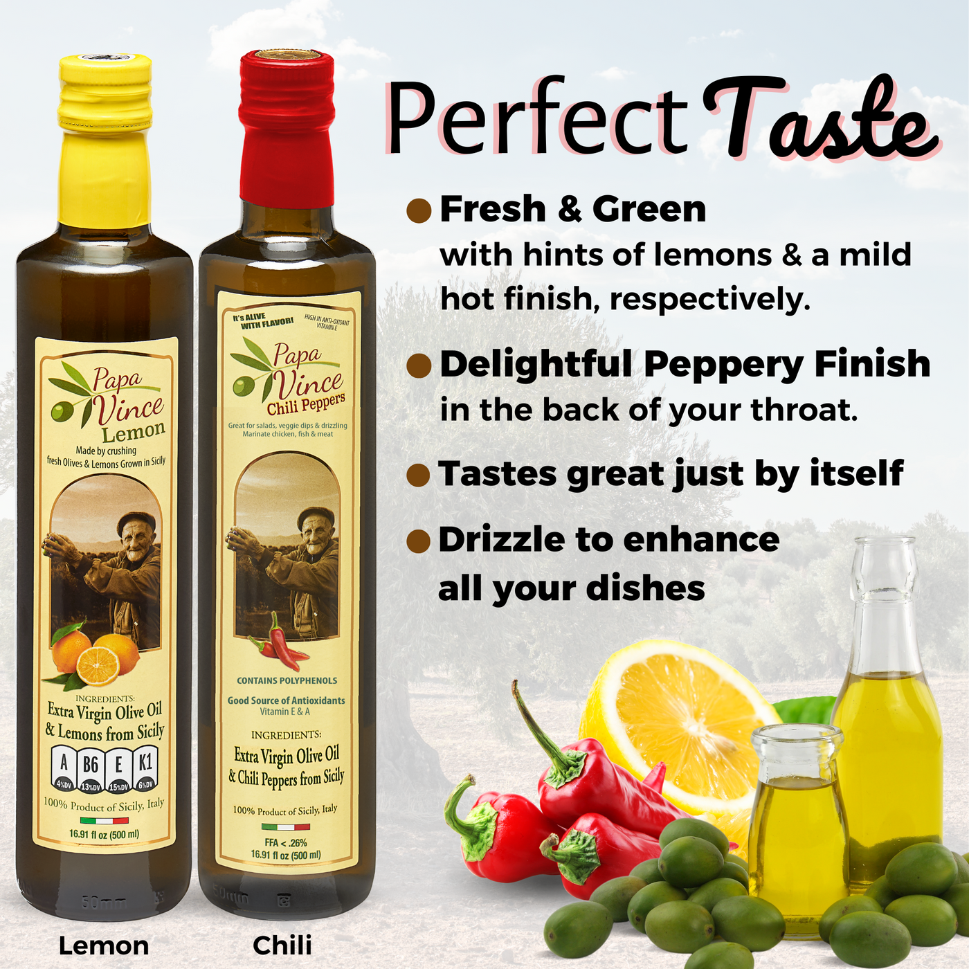 Polyphenol Rich Olive Oil Extra Virgin from Sicily, Italy. Chili Pepper & Lemon Fused Olive Oil. Agrumato, Unblended, First Cold Pressed, Single Sourced, Unfiltered, Unrefined, Robust, Mild hot finish, High in Antioxidants EVOO Gift Set
