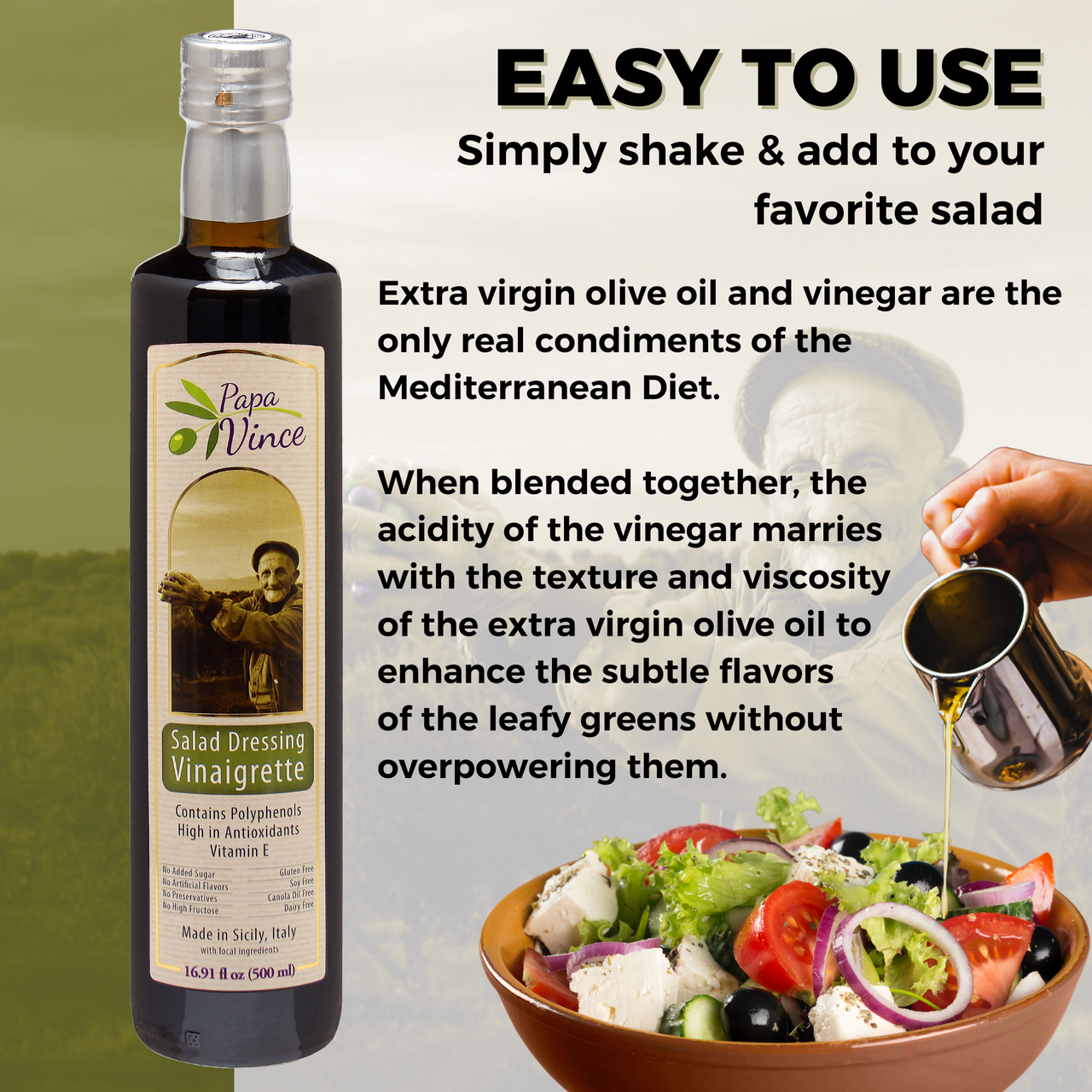 Low Sodium Salad Dressing - Low Carb, Gluten-Free, No Sugar Added. Classic Vinaigrette blend of extra virgin olive oil & balsamic vinegar. High in Antioxidants & Vitamins. Perfect for salad - Papa Vince