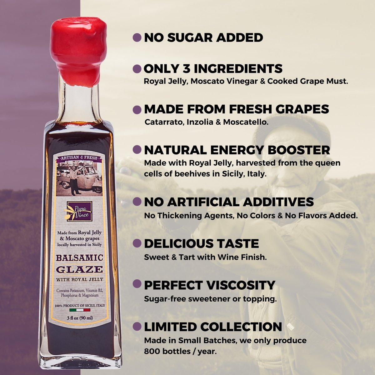 Balsamic Vinegar Glaze with Royal Jelly - NO SUGAR ADDED | NO ARTIFICIAL ADDITIVES | HEALTHY sweetener & topping for berries, salads, veggies | contains vitamins & minerals | 3 fl oz - Papa Vince