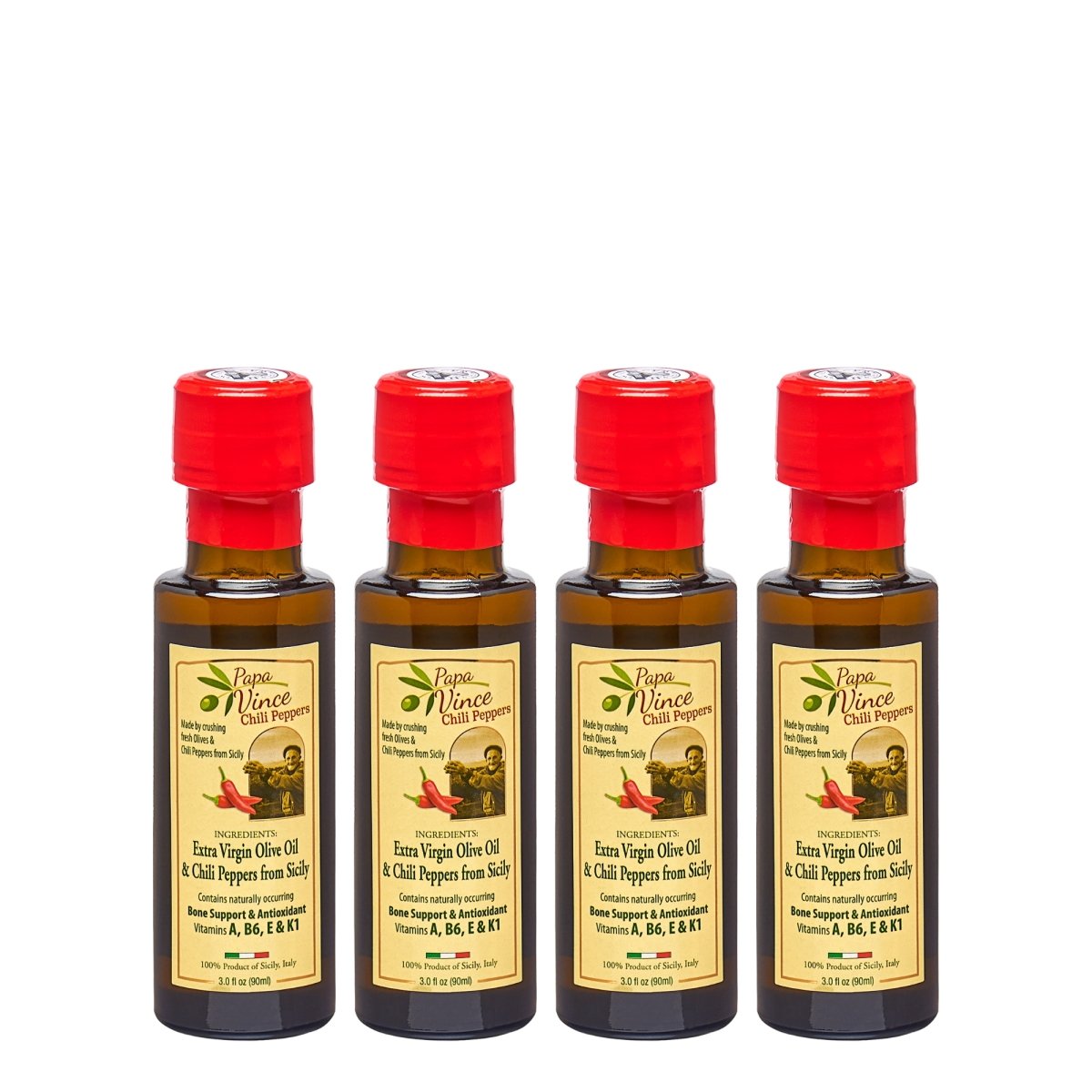 Chili Olive Oil from Sicily - Extra Virgin Olive Oil Agrumato, Unblended, First Cold Pressed, Single Sourced from Italy, Unfiltered, Unrefined, Robust, Rich in Antioxidants 3 fl oz [4Pack] | Papa Vince - Papa Vince