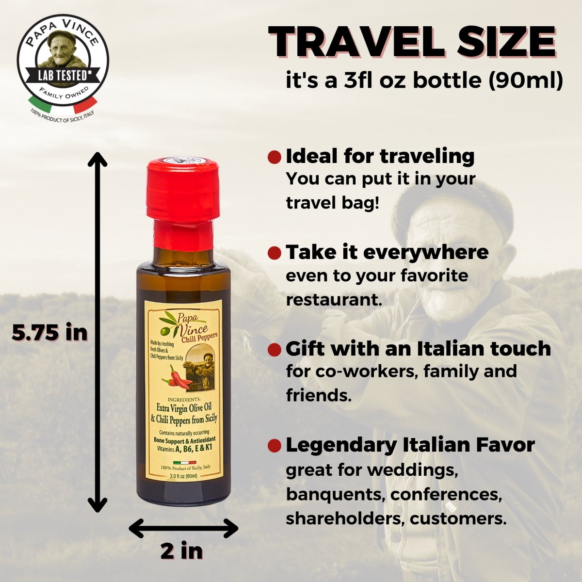 Chili Olive Oil from Sicily - Extra Virgin Olive Oil Agrumato, Unblended, First Cold Pressed, Single Sourced from Italy, Unfiltered, Unrefined, Robust, Rich in Antioxidants 3 fl oz [4Pack] | Papa Vince - Papa Vince