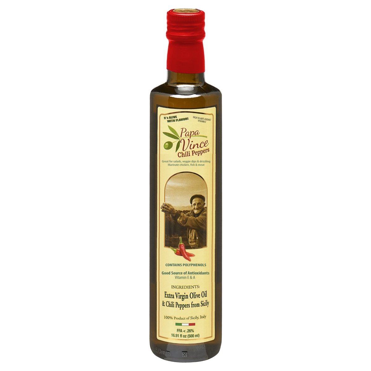 Chili Pepper Olive Oil Extra Virgin - Unblended, Single Estate, Single Source, Single Family Sicily Italy, Harvest Dec 2020/2021, First Cold Pressed, High in Antioxidants, Polyphenol Rich, Unfiltered, Unrefined - Papa Vince