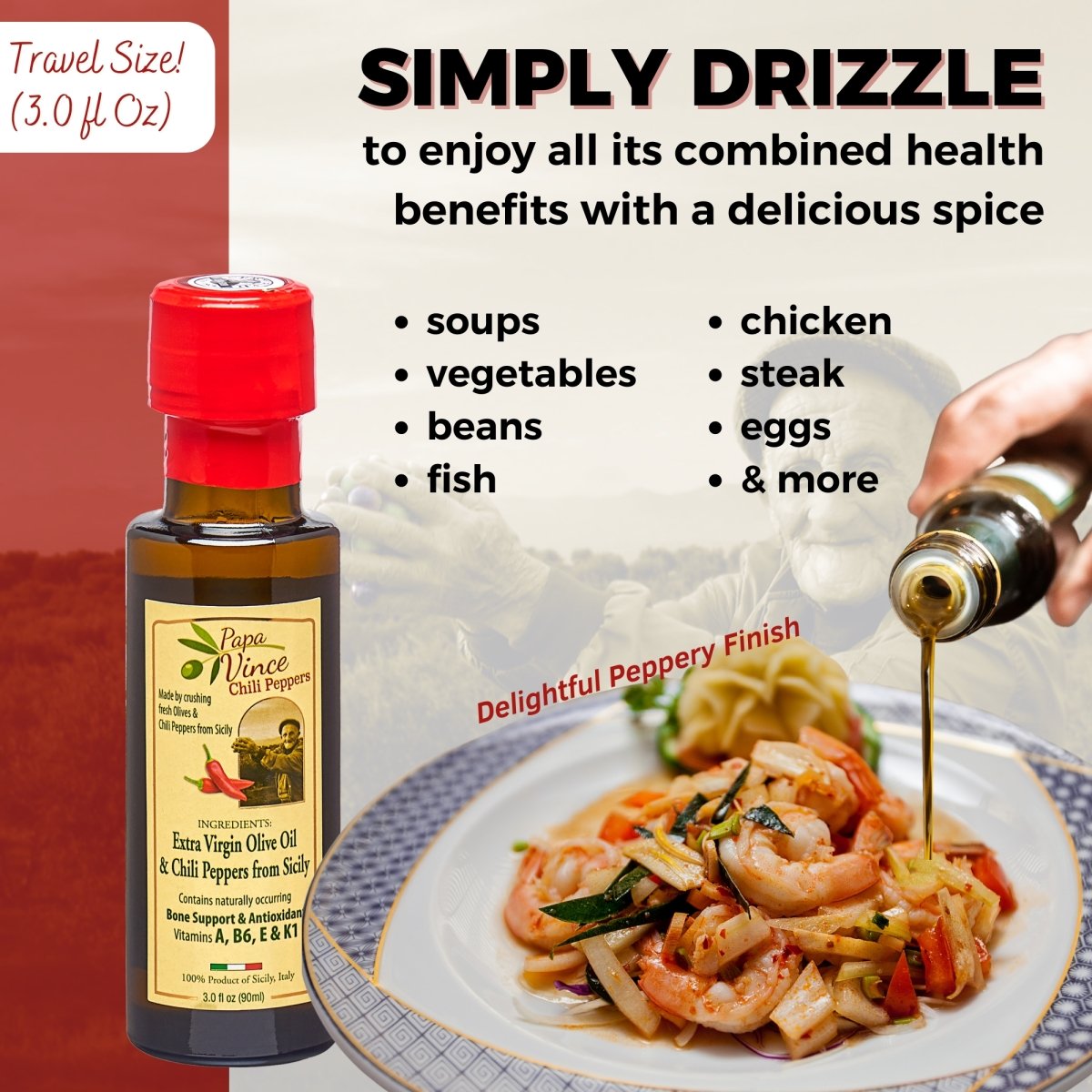 Extra Virgin Chili Pepper Olive Oil - Unblended, Single Estate, Single Source, Single Family Sicily Italy, Harvest Dec 2020/2021, First Cold Pressed, High in Antioxidants, Polyphenol Rich, Unfiltered, Unrefined, Papa Vince - Papa Vince