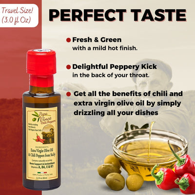 Extra Virgin Chili Pepper Olive Oil - Unblended, Single Estate, Single Source, Single Family Sicily Italy, Harvest Dec 2020/2021, First Cold Pressed, High in Antioxidants, Polyphenol Rich, Unfiltered, Unrefined, Papa Vince - Papa Vince