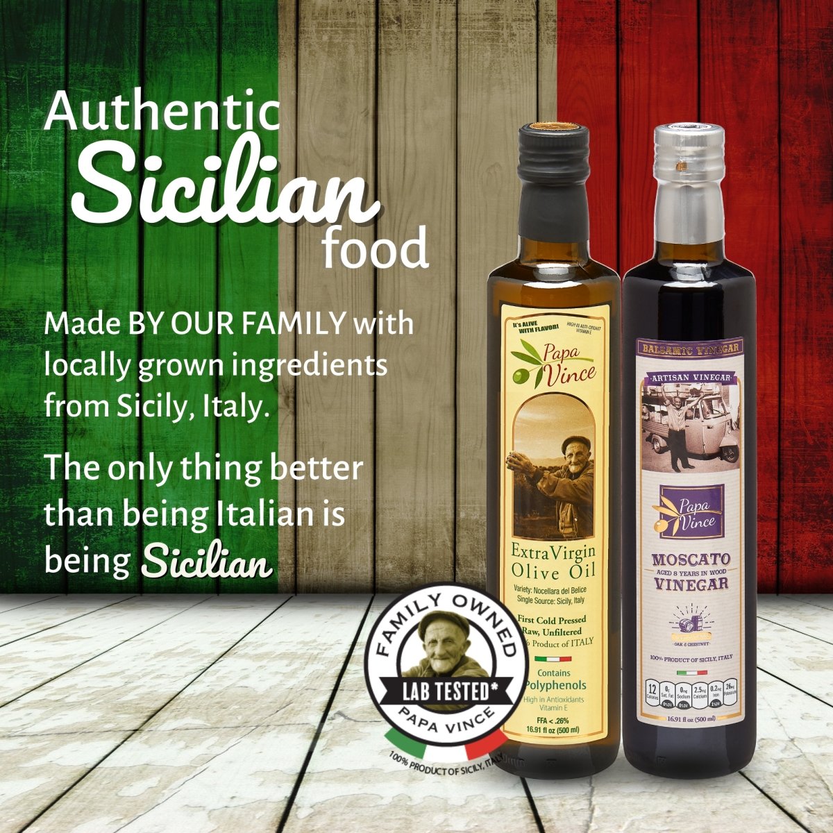 Extra Virgin Olive Oil & Balsamic Gift Set from Sicily, Italy - Unblended, First Cold Pressed Dec 2021/22 | 8-years aged in wood | made by our family in Sicily | VEGAN, KETO, PALEO | Gift Set for men and women | 16.91 fl oz each - Papa Vince